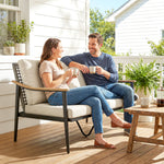 2 Seater Rattan Garden Sofa With Wood-effect Arms, Cushions, Khaki