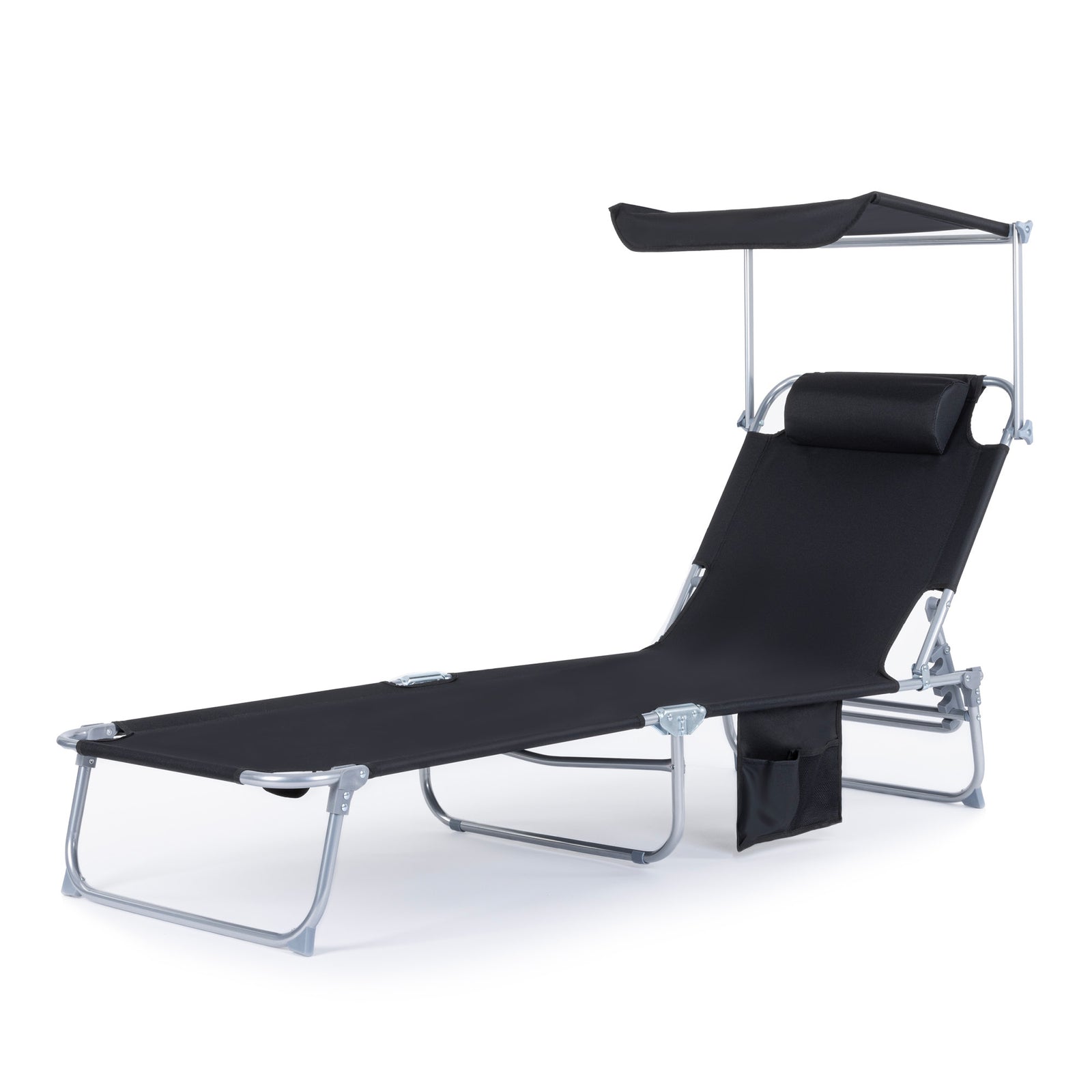 Folding Sun Lounger With Sun Shade - Black