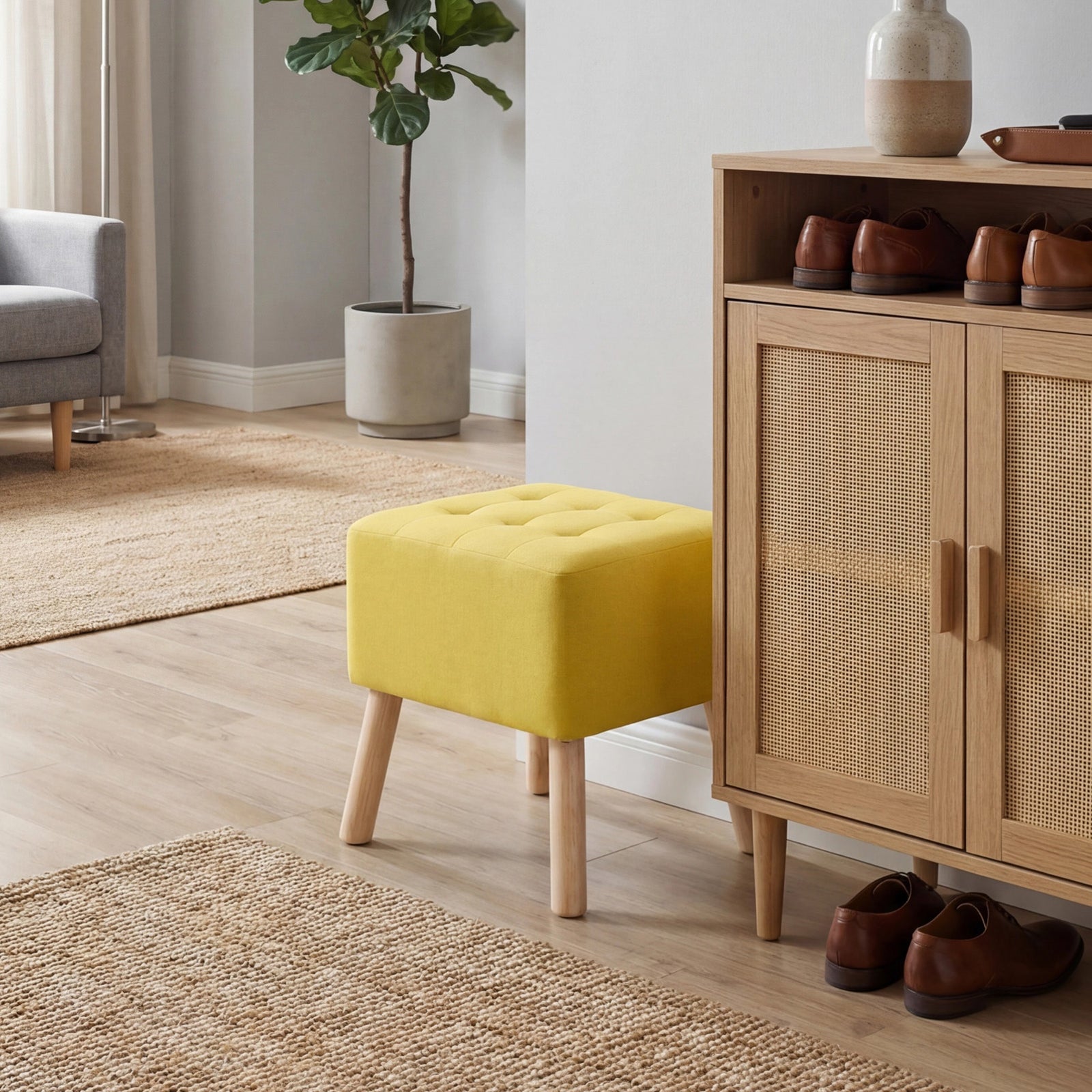 Linen Upholstered Footstool | Yellow