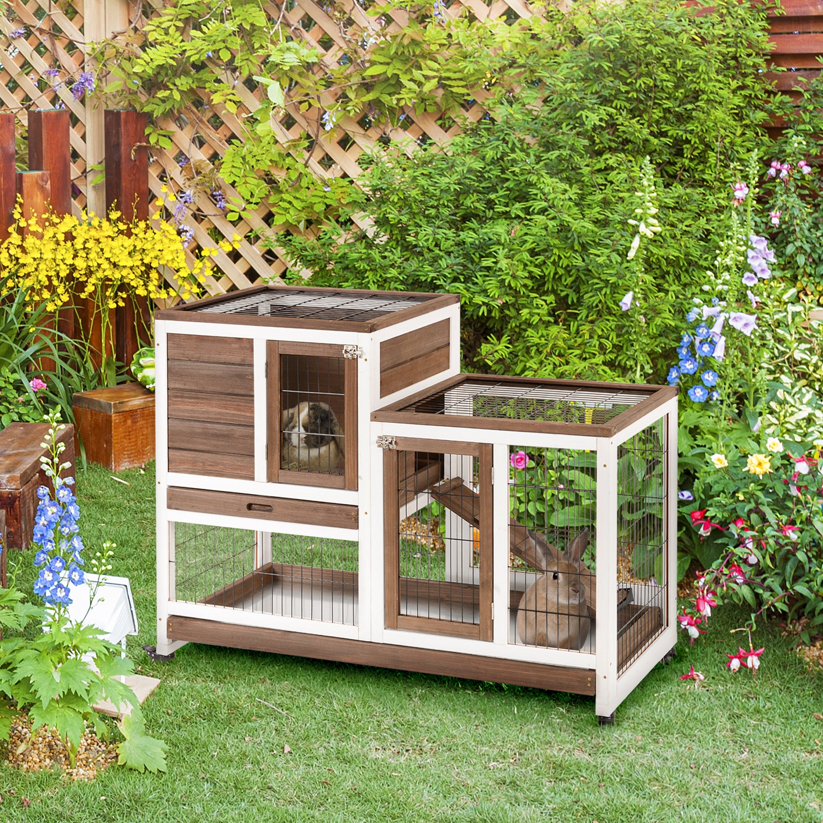 Wooden Indoor Rabbit Hutch Elevated Bunny Cage With Enclosed Run W/ Wheel | Brown