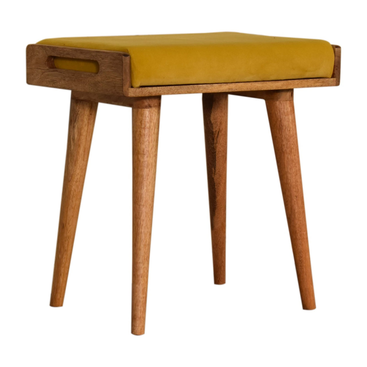Solid Mango Wood Mustard Velvet Tray Style Footstool