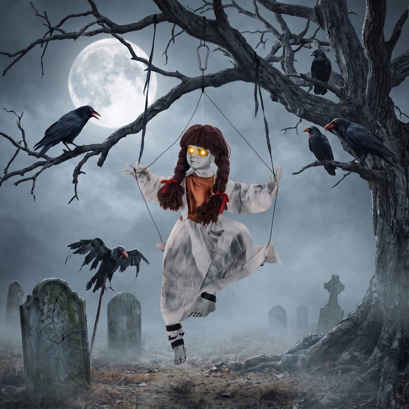 HOMCOM Halloween Animated Hanging Creepy Girl On Swing Decoration