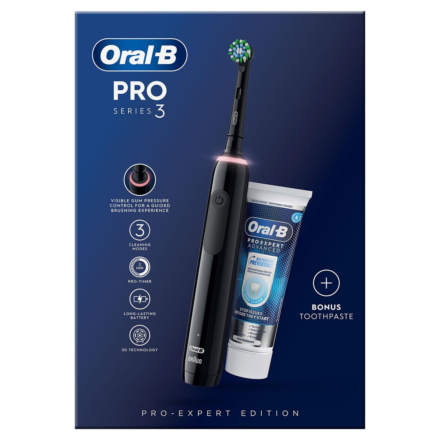 Pro Series 3 Electric Rechargeable Toothbrush With Bonus Toothpaste, Black