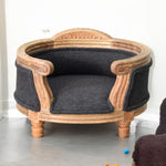 Solid Mango Wood, Upholstered Carved Battleship Tweed Pet Bed