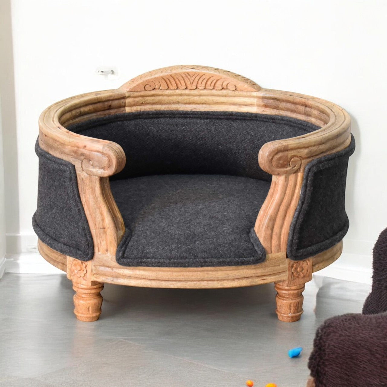 Solid Mango Wood, Upholstered Carved Battleship Tweed Pet Bed