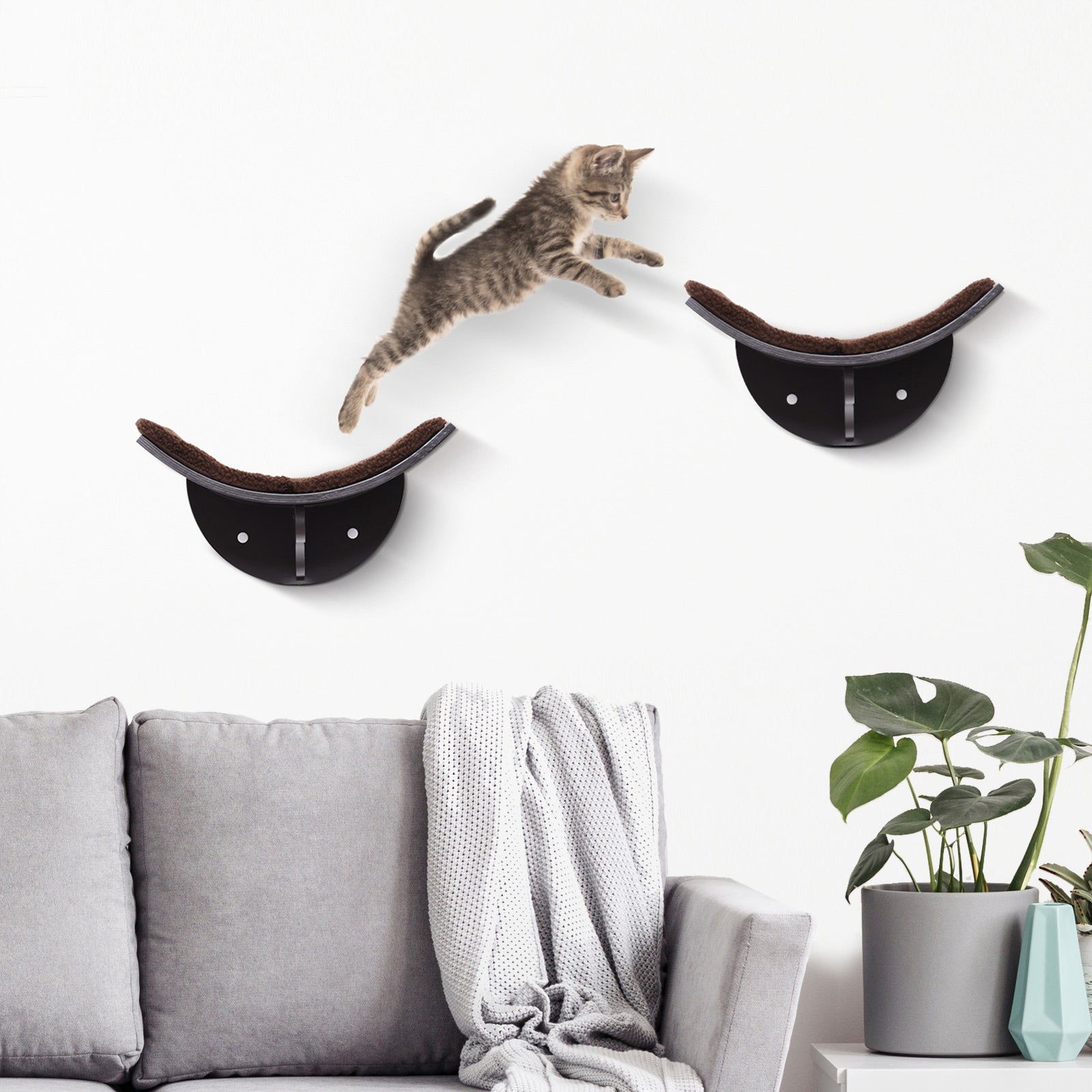 Wood Cat Shelf Perch Bed Curved Climber Wall-mounted Cat Furniture | Brown