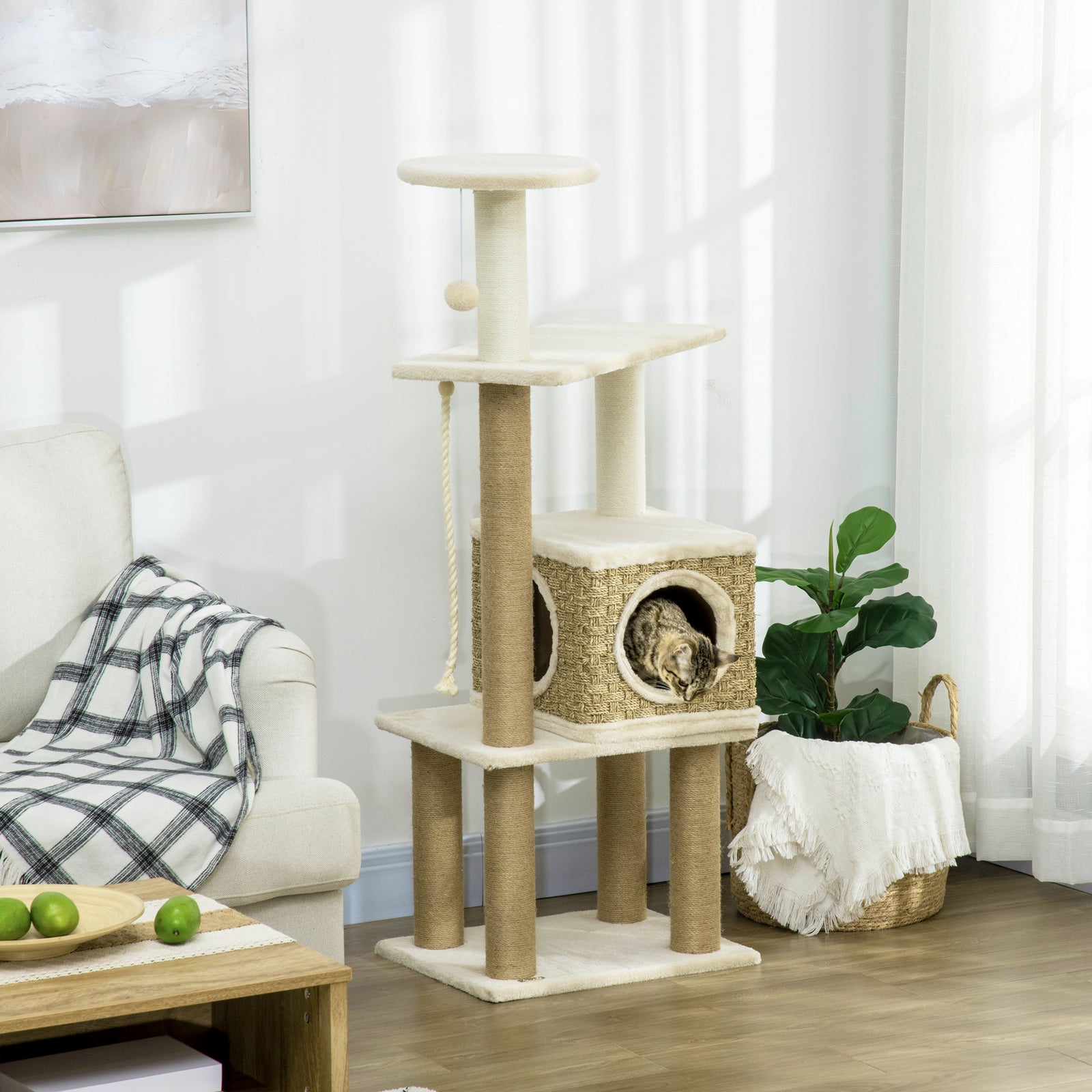 Cat Tree Climbing Tower W/ Scratching Post, Cat House, Hanging Toy Ball