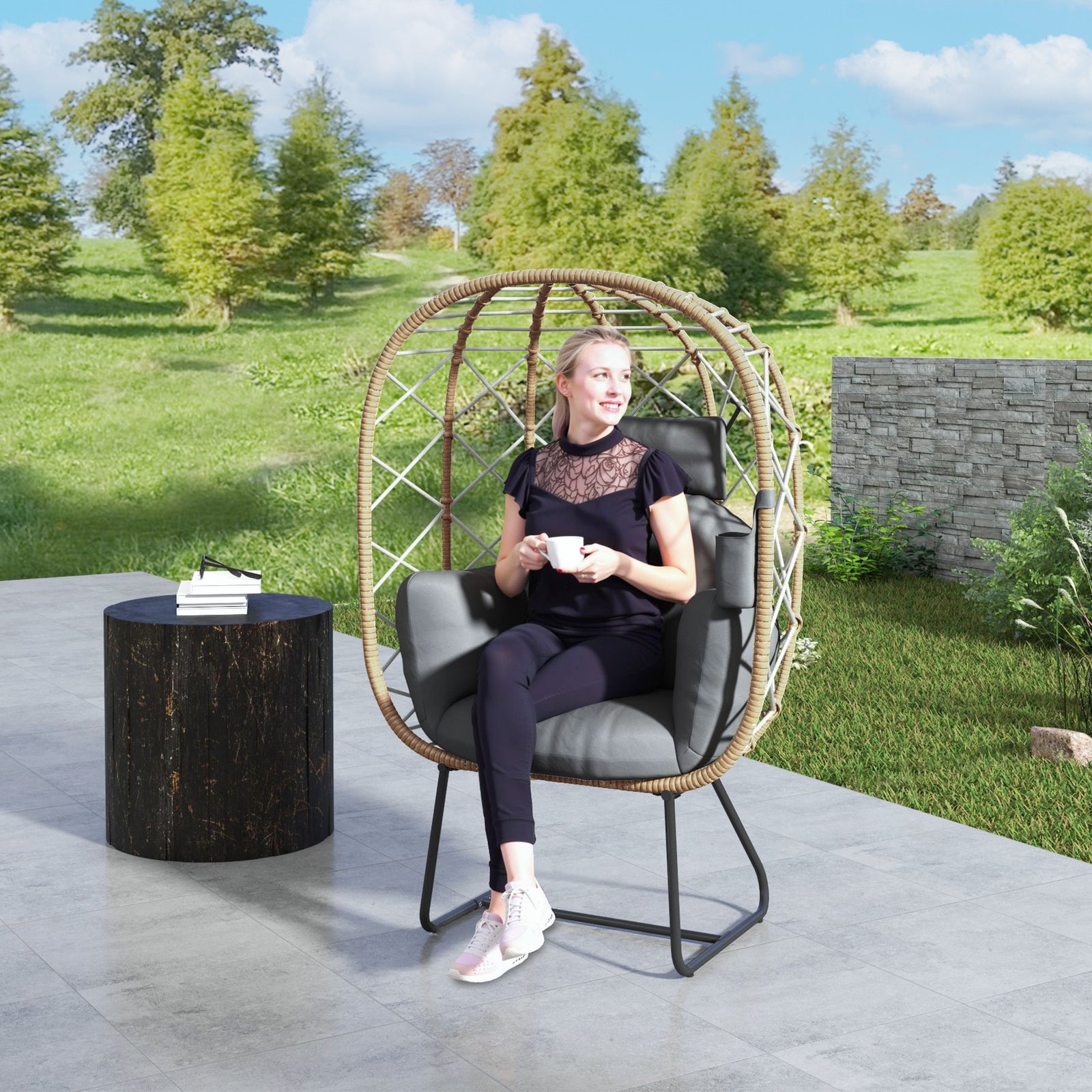 Rattan Garden Egg Chair With Thickened Cushion, Headrest | Brown