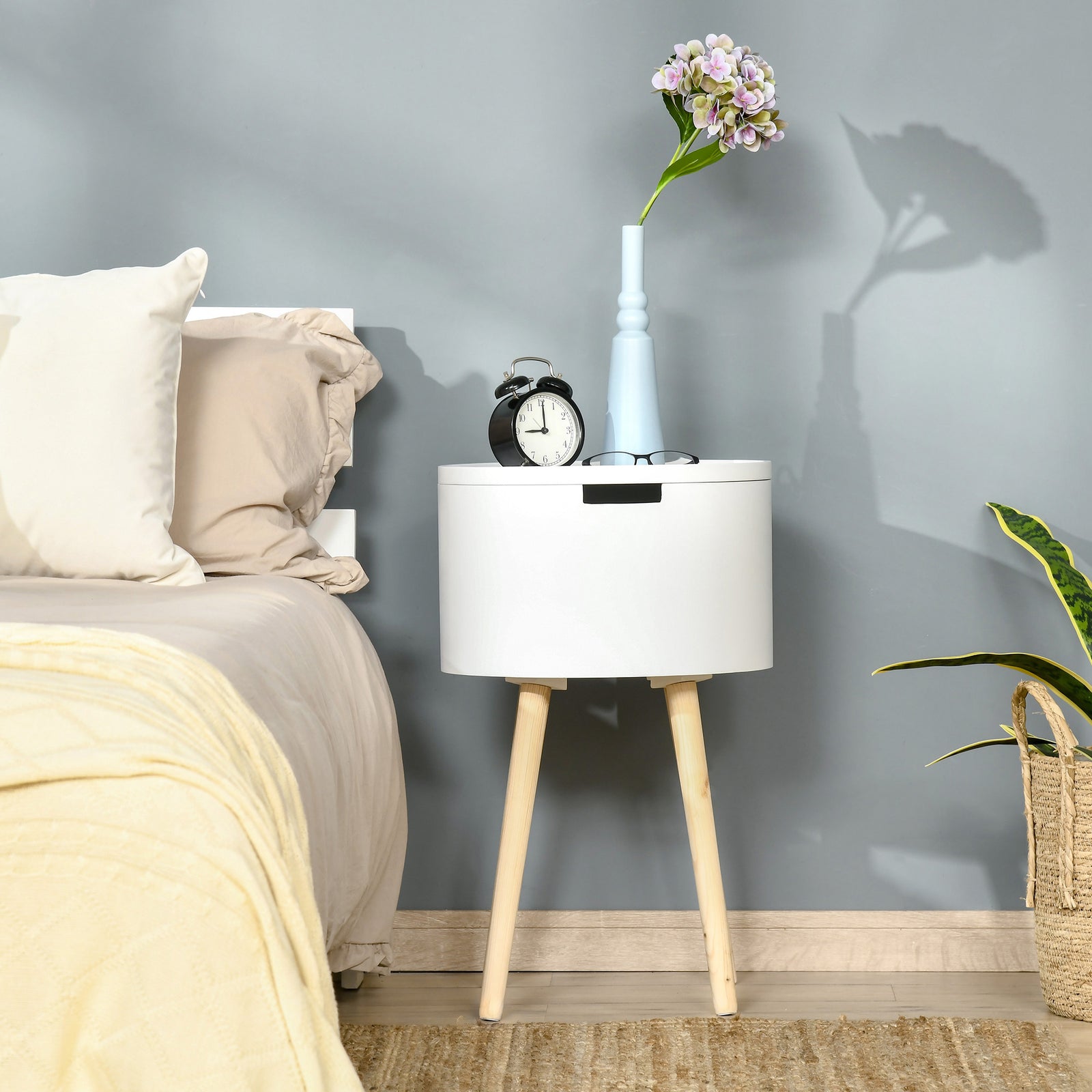 Side Table Wood Nightstand W/ Hidden Storage Space | White