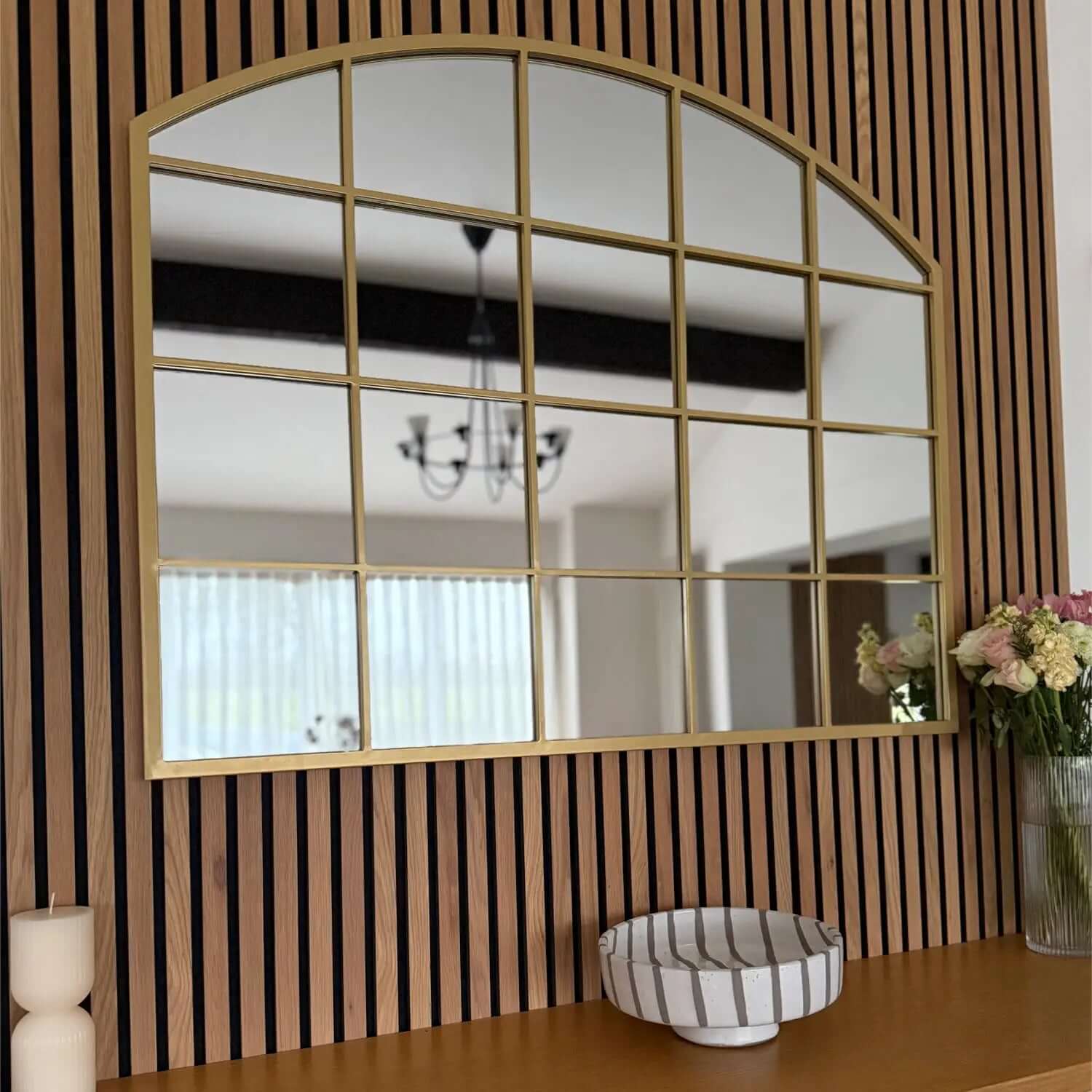 Tomi - Metal Arched Lattice Window Mirror | 95cm x 120cm | Gold