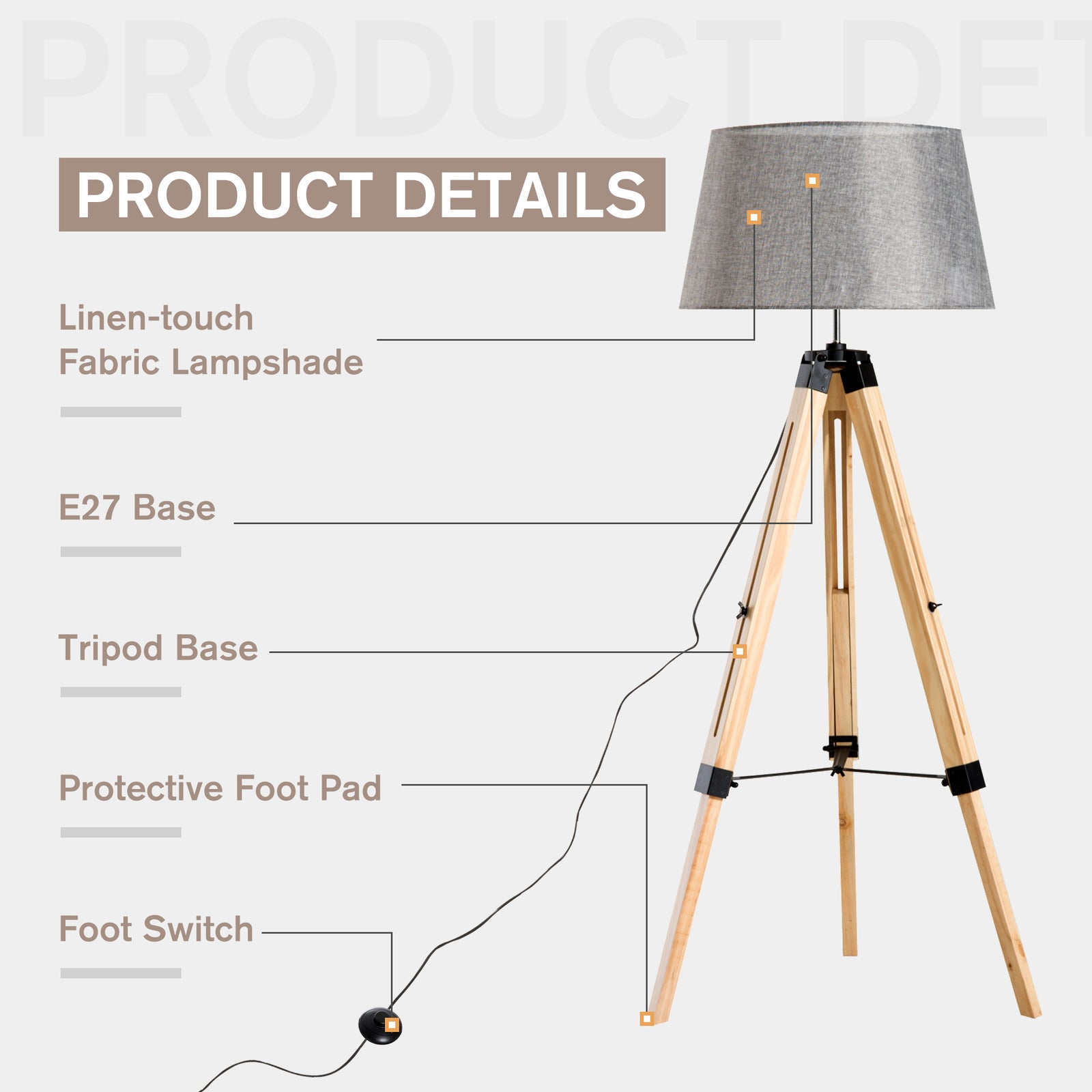 Tripod Floor Lamp With Linen Shade Pinewood Legs Adjustable