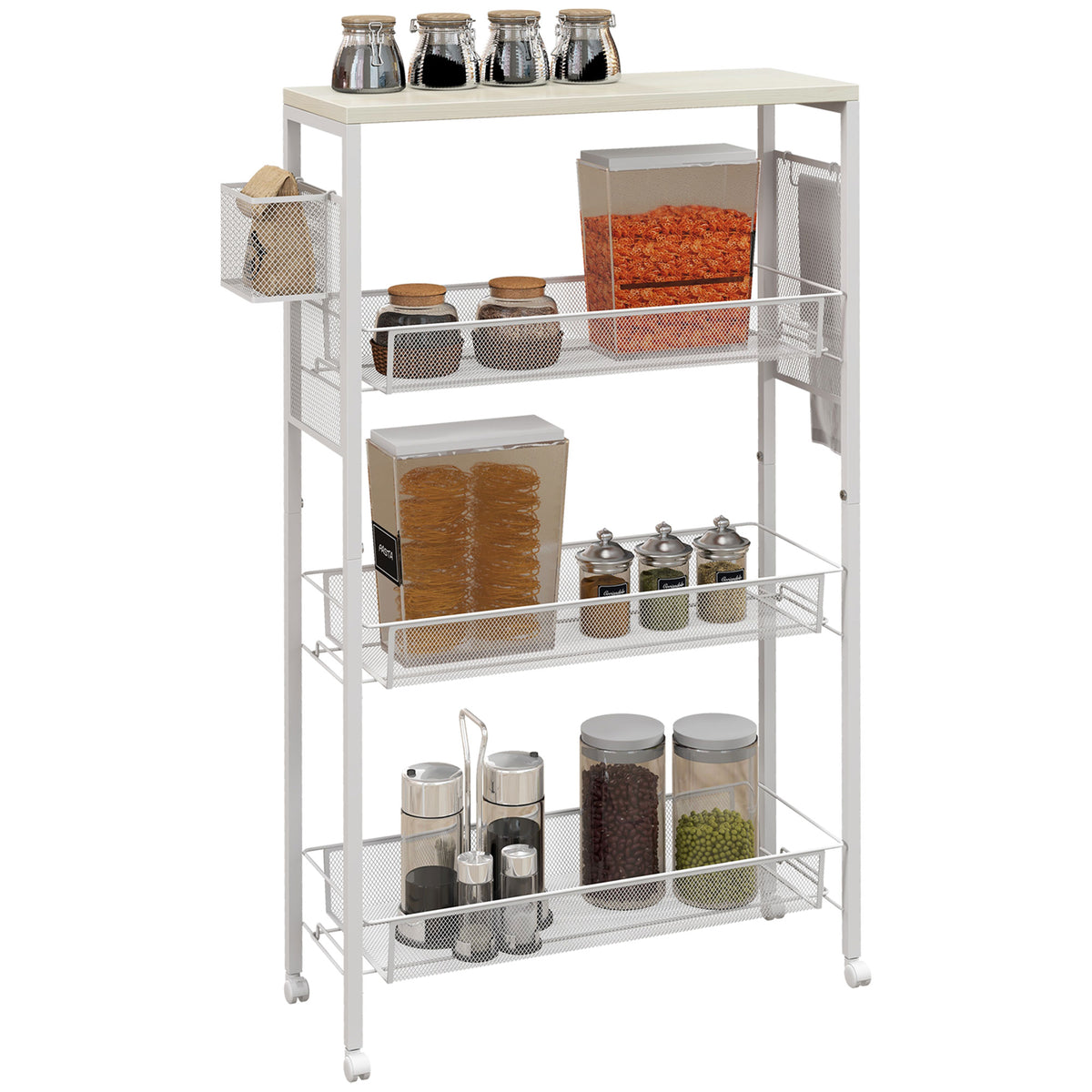 HOMCOM 3-tier Kitchen Cart, Multifunction Kitchen Trolley On Wheels, White