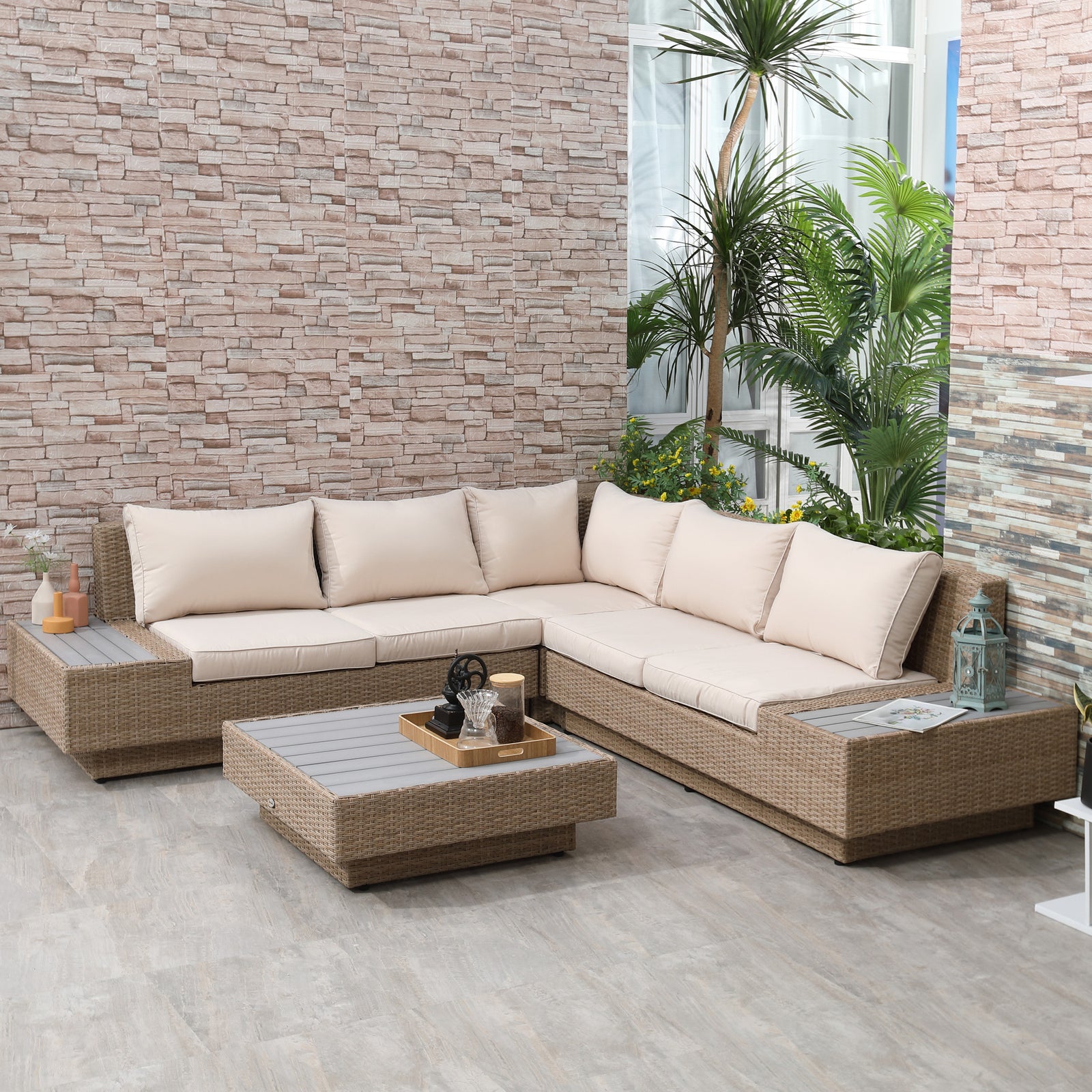 4pcs Rattan Sofa Set Garden Furniture Set W/ Armrest Cushion | Beige