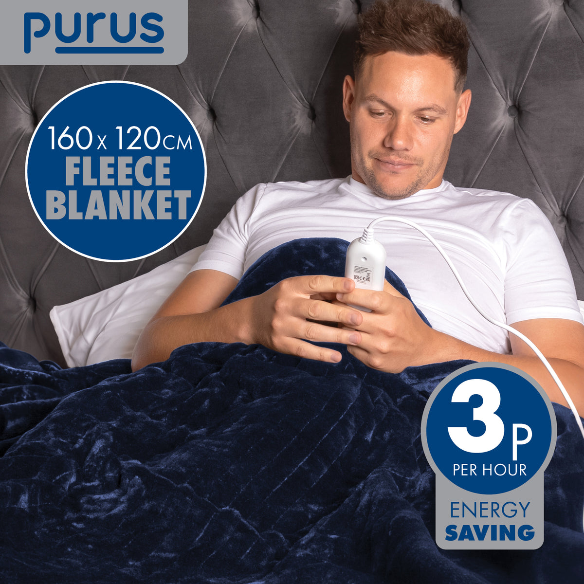 Deluxe Electric Throw Heated Double Over Blanket Soft Fleece 9 Heat & 12 Timer Settings | L | Navy Blue