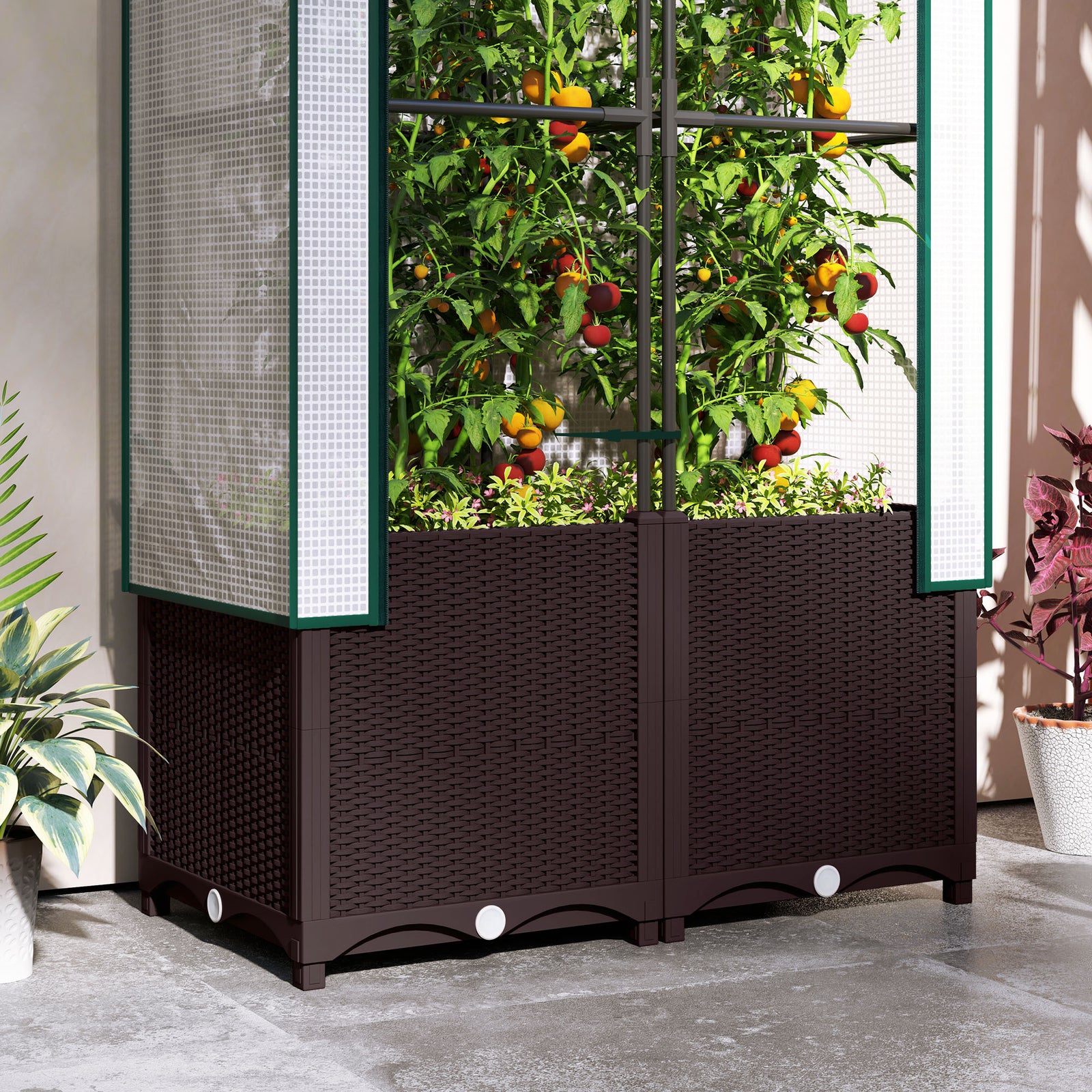 Raised Garden Bed With Trellis, Plastic Planter Box