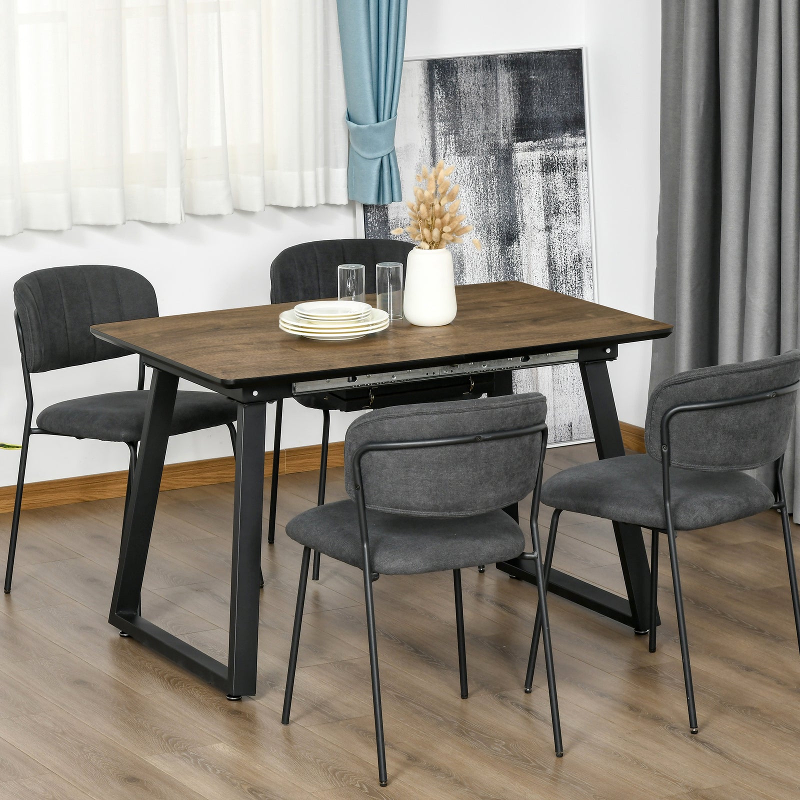 Extendable Rectangular Dining Table, Steel Base