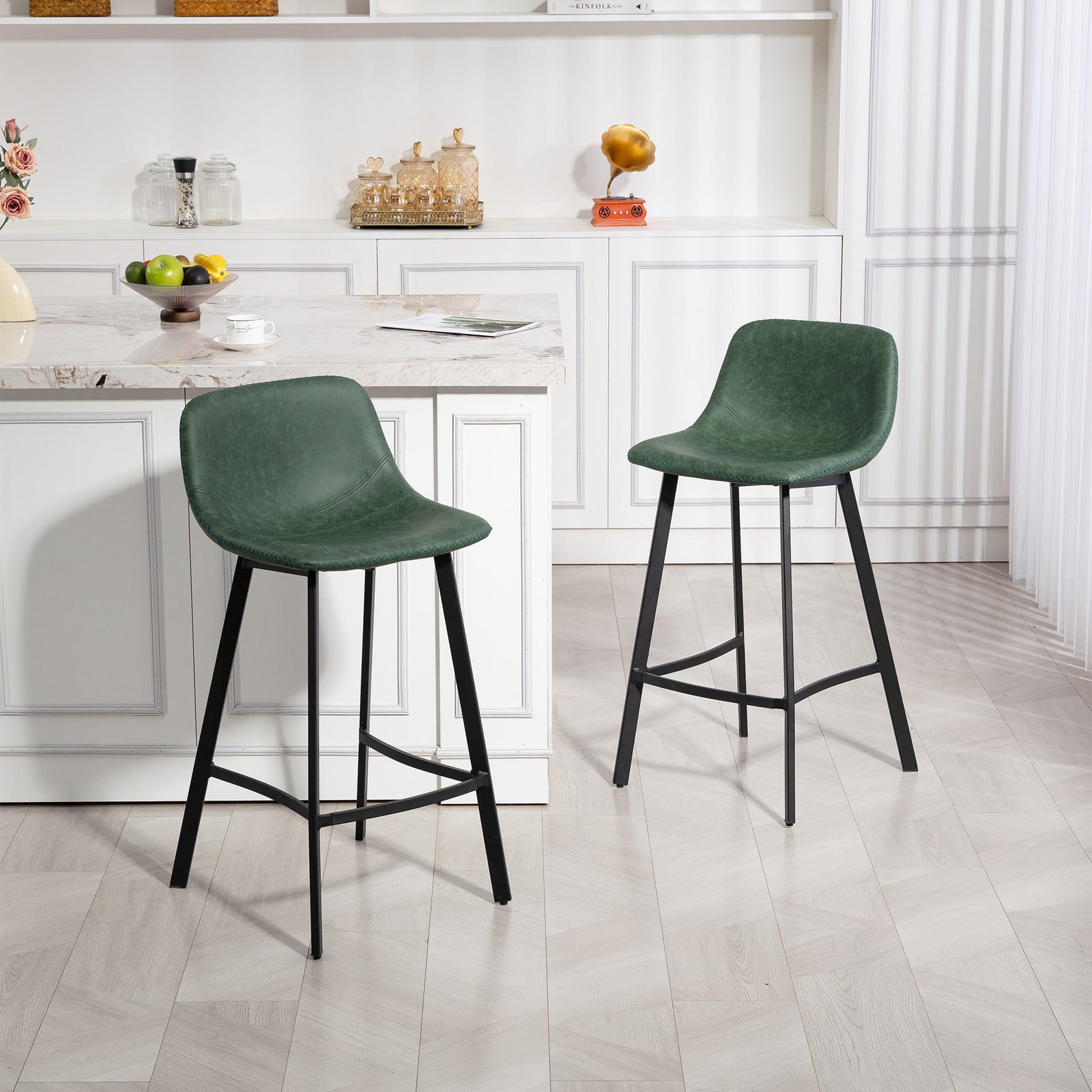 Bar Stools Set Of 2, Bar Chairs With Back And Steel Legs | Green