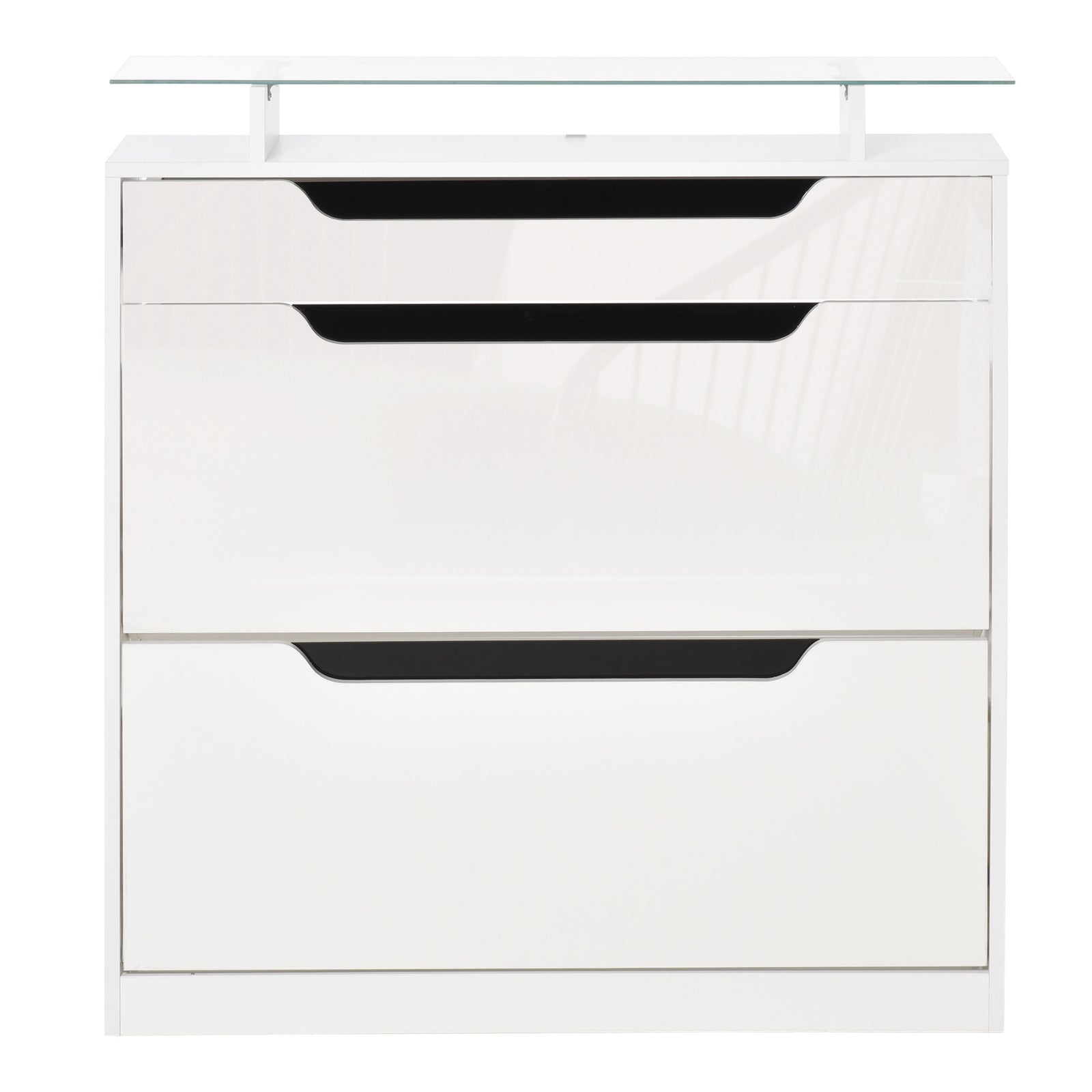 Shoe Cabinet W/ 3 Drawers, High Gloss Front Panels Glass Top | One Size | White
