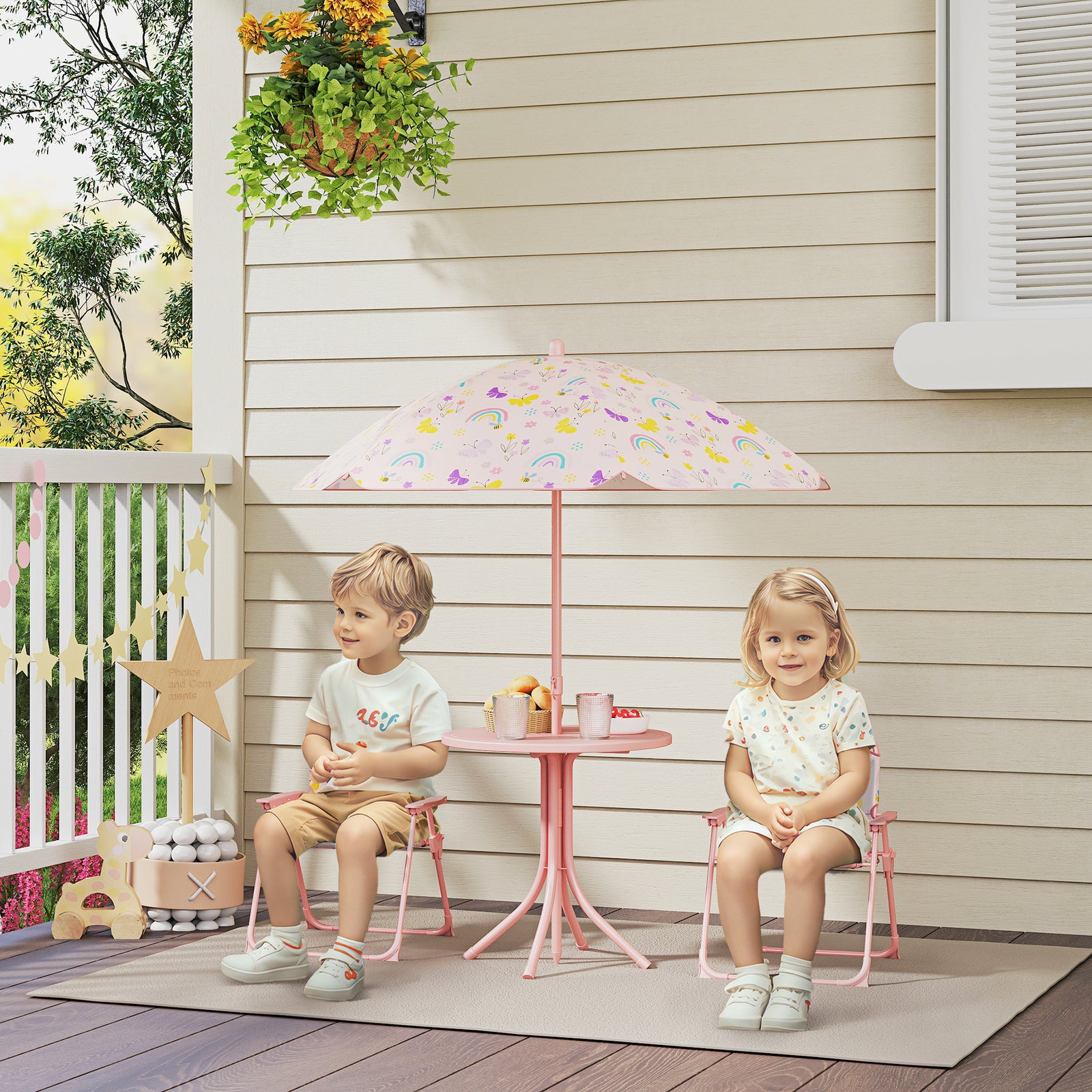 Kids Garden Furniture, Children Table And Chair Set W/ Adjustable Parasol | Pink