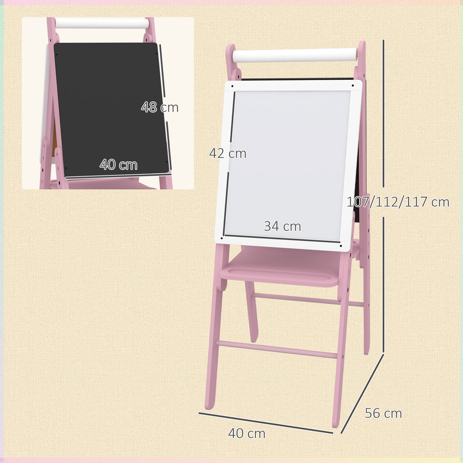 3 In 1 Easel For Kids, With Paper Roll, Adjustable Height | Pink