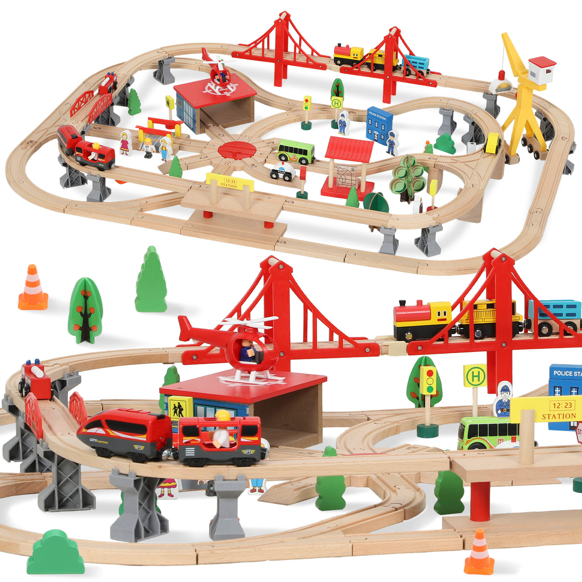 AIYAPLAY 133 Piece Wooden Train Set, Toy Train Set With Crane For 3+ Years