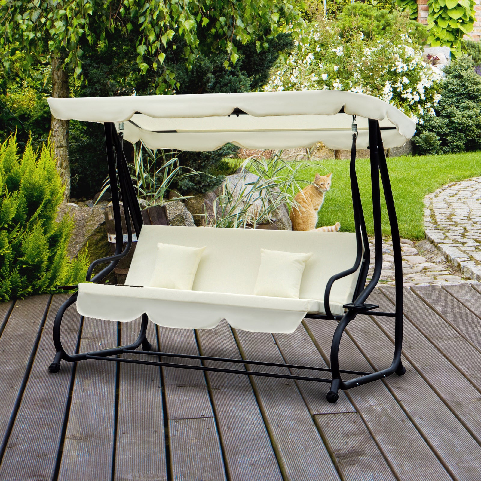 3 Seater Swing Chair For Outdoor W/ Adjustable Canopy | Cream