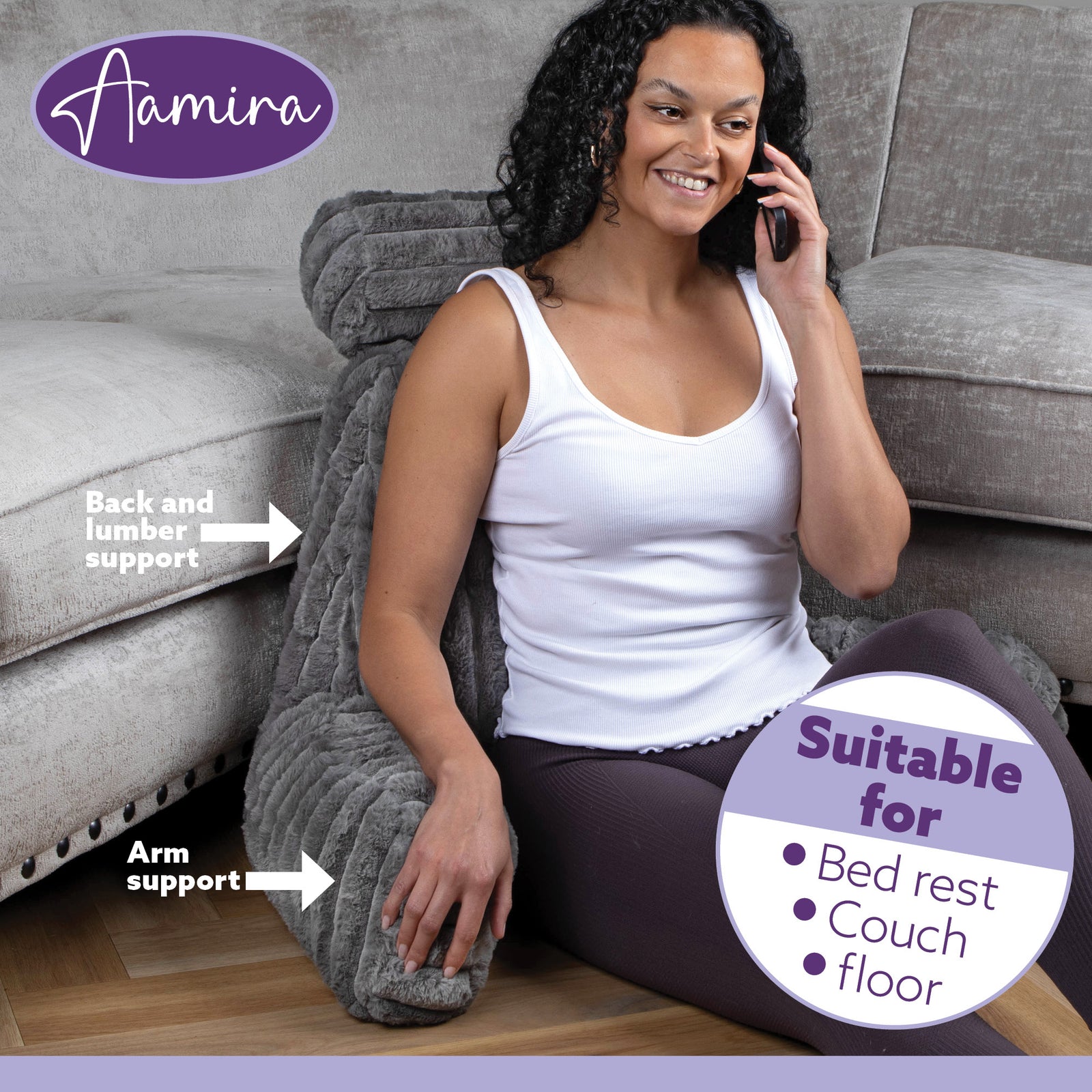 Luxurious Xl Reading Pillow Detachable Headrest, Soft Ribbed Faux Fur, Memory Foam Cuddle Cuddle Cushion Backrest | XL | Grey