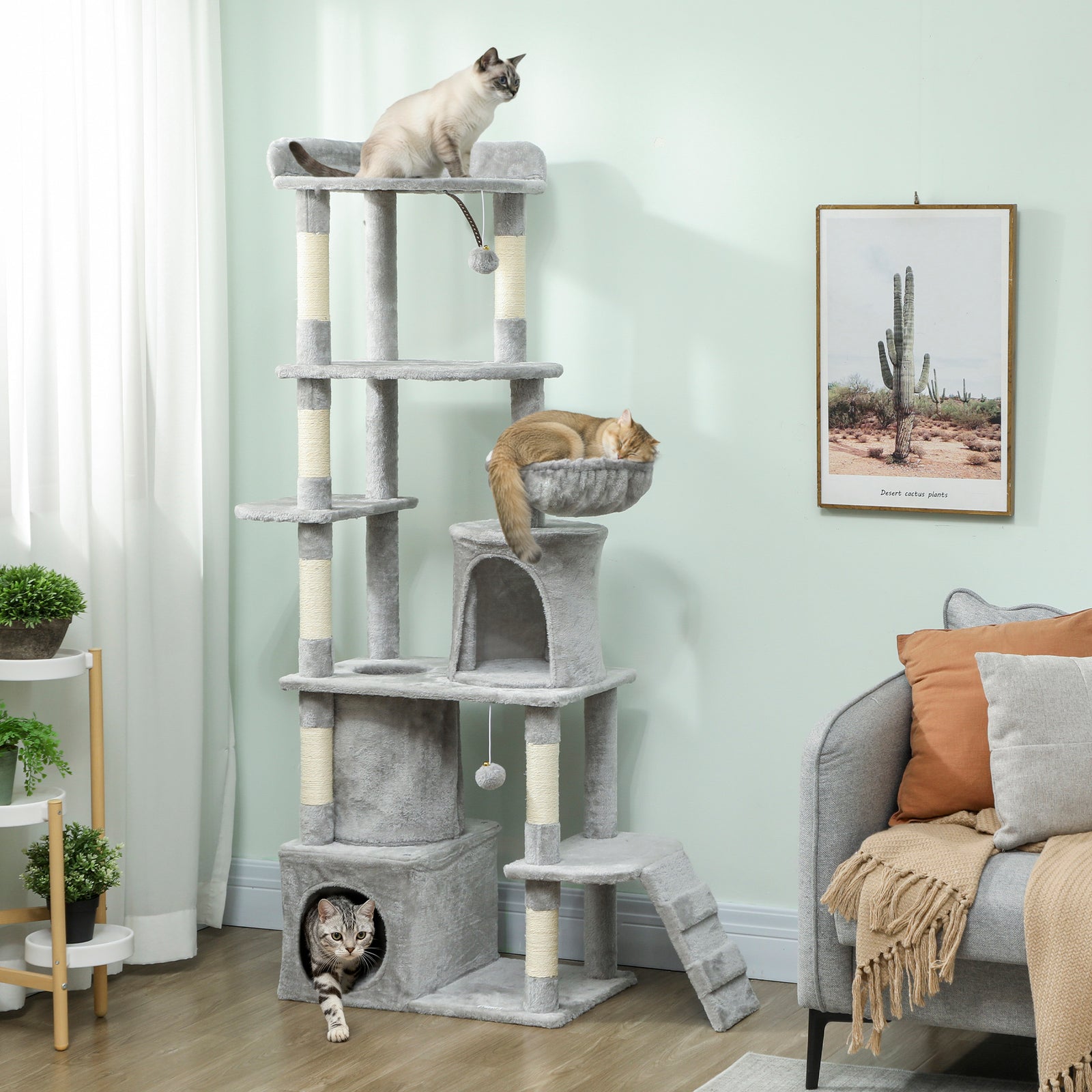 170 Cm Cat Tree, Large Cat Tower With 7 Scratching Posts, Light Grey