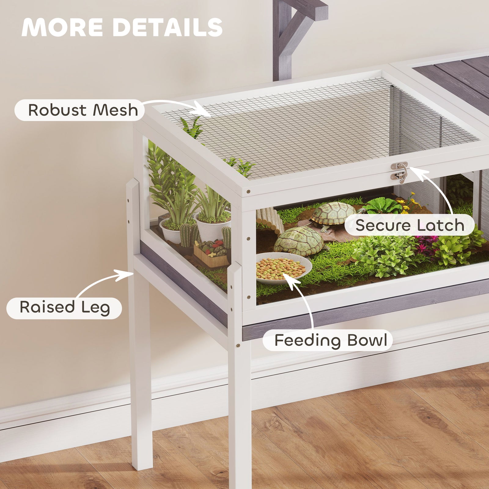 PawHut Wooden Tortoise House With Dual-zone Habitat Stand Legs, Grey