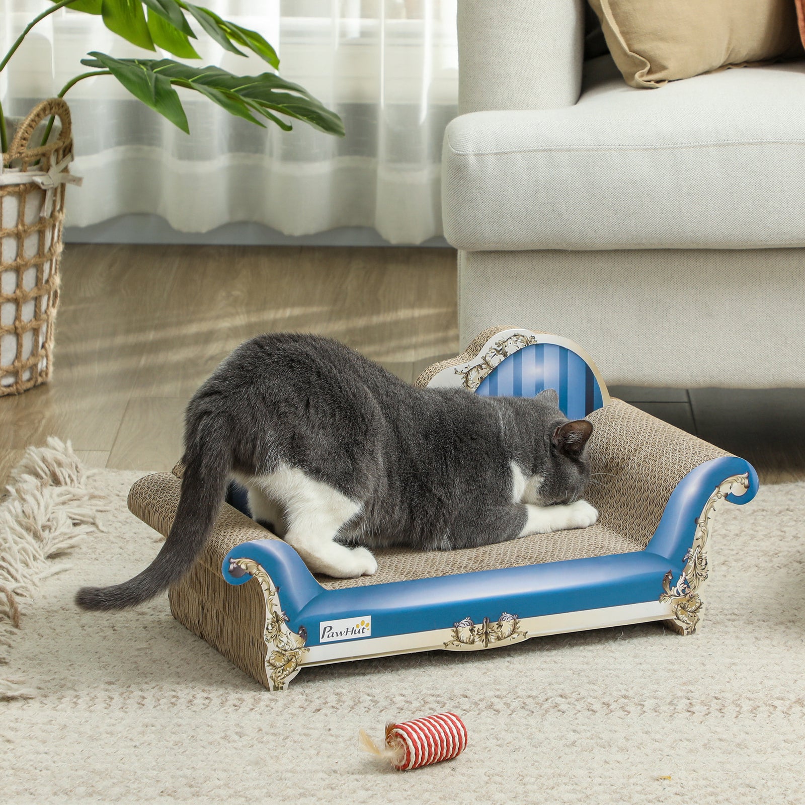 2 In1 Cat Scratcher With Catnip, Cardboard Lounge Bed, Blue