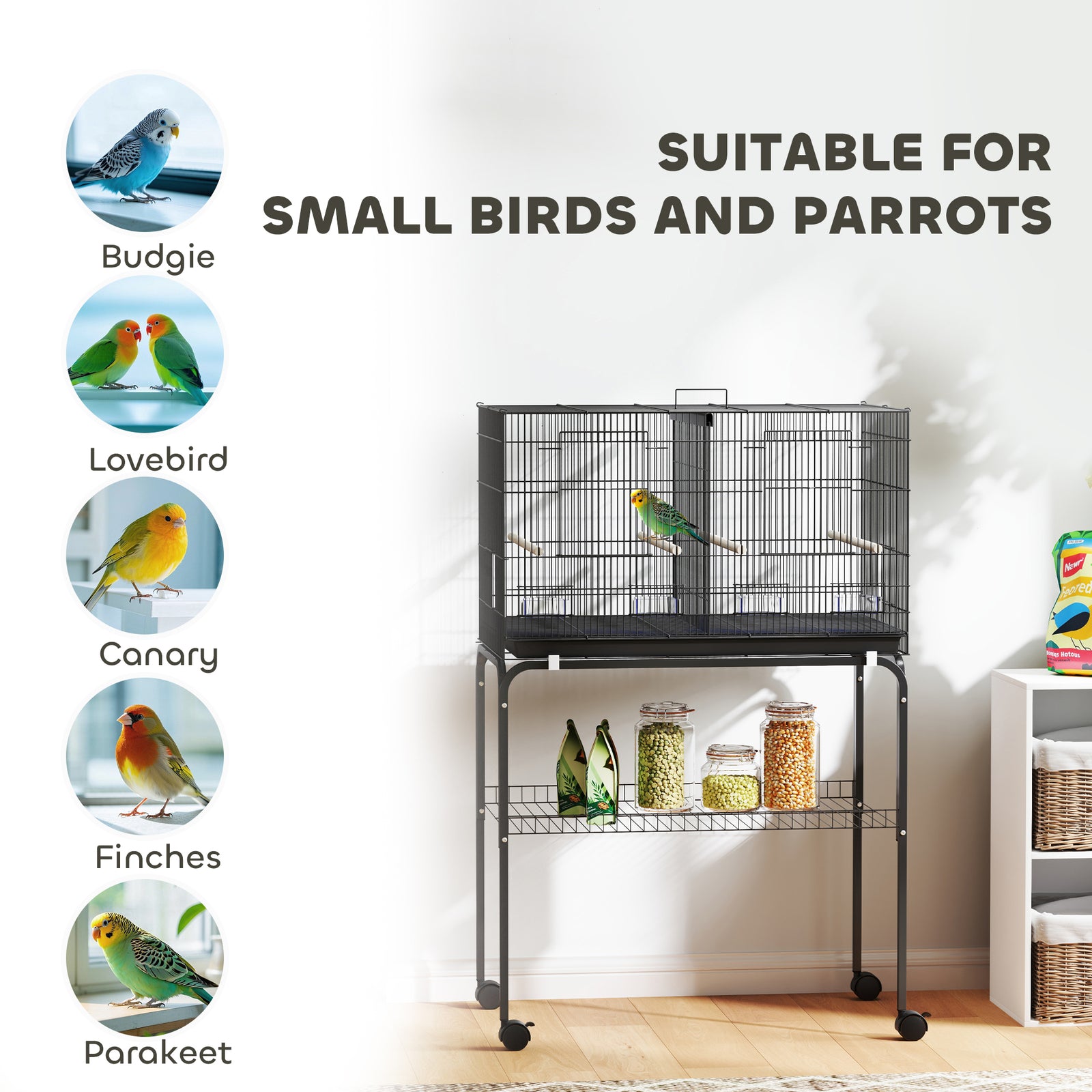 Bird Cage With Divider, 4 Wooden Perches, Slide Out Tray | Black