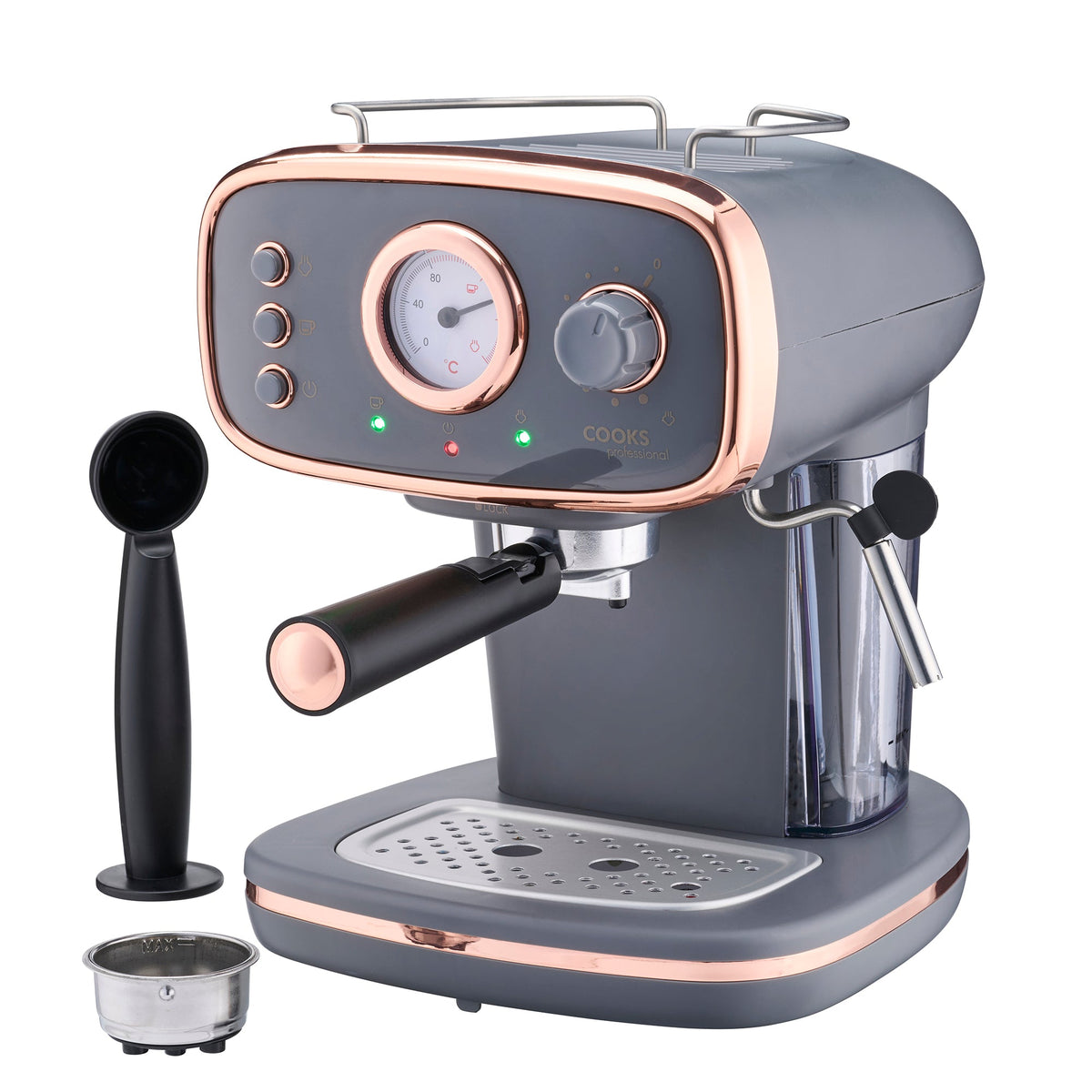 15-bar Retro Espresso Coffee Machine With Steam Wand | Grey & Copper