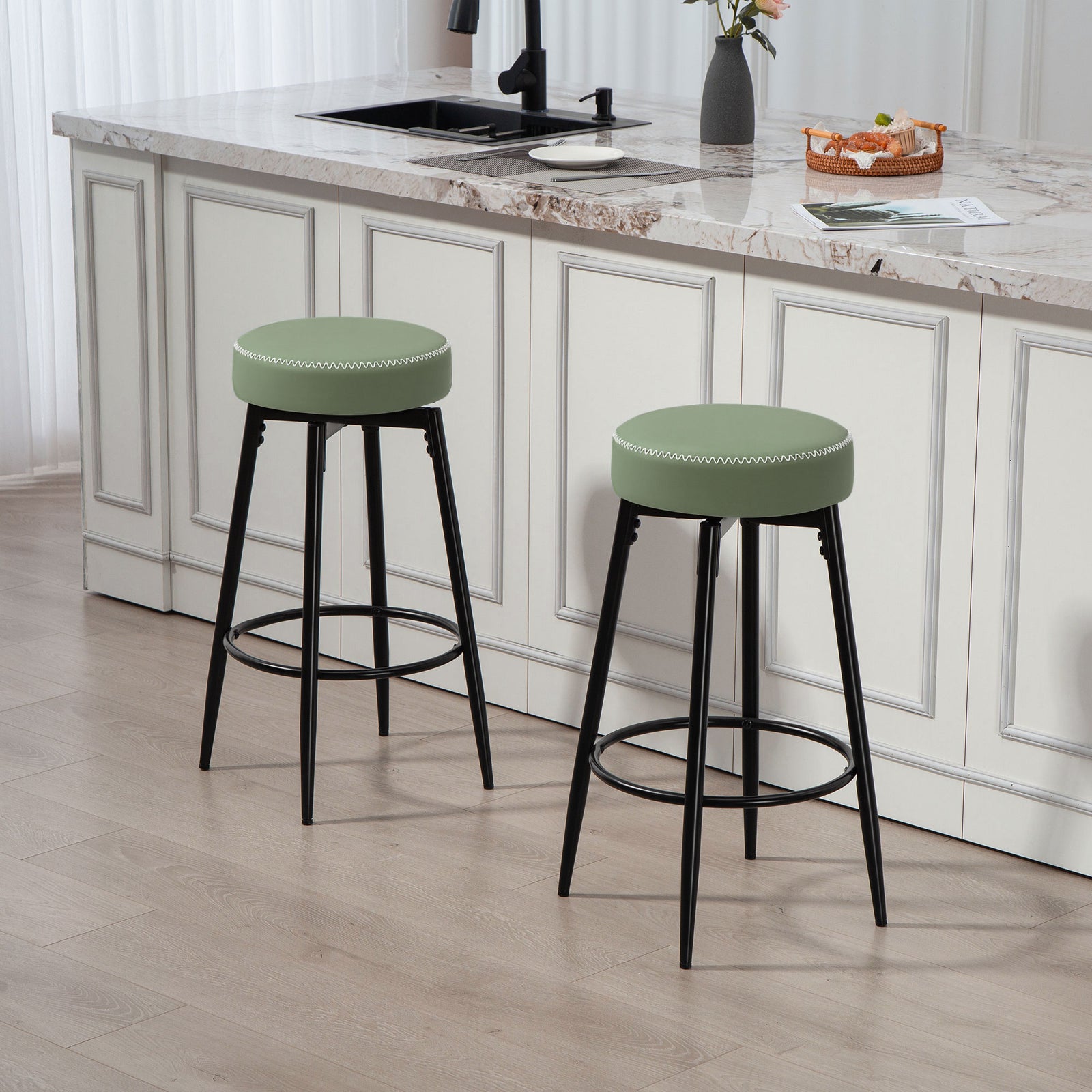 Swivel Bar Stools Set Of 2, Pu Leather Barstools With Footrest | Green