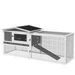 Rabbit Hutch And Run Outdoor W/ Sliding Tray Hay Rack Ramp, 156x58x68cm | Gray