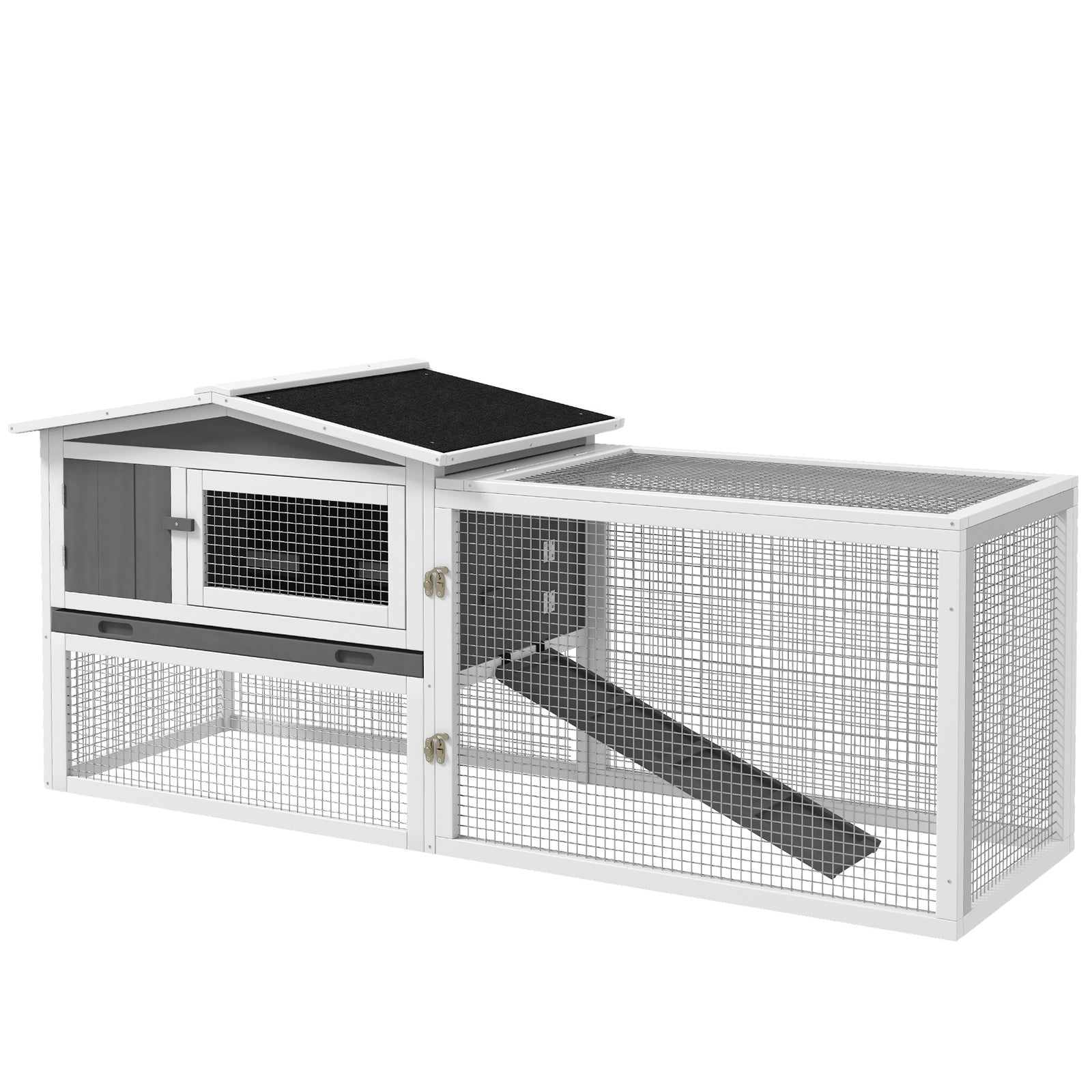Rabbit Hutch And Run Outdoor W/ Sliding Tray Hay Rack Ramp, 156x58x68cm | Gray