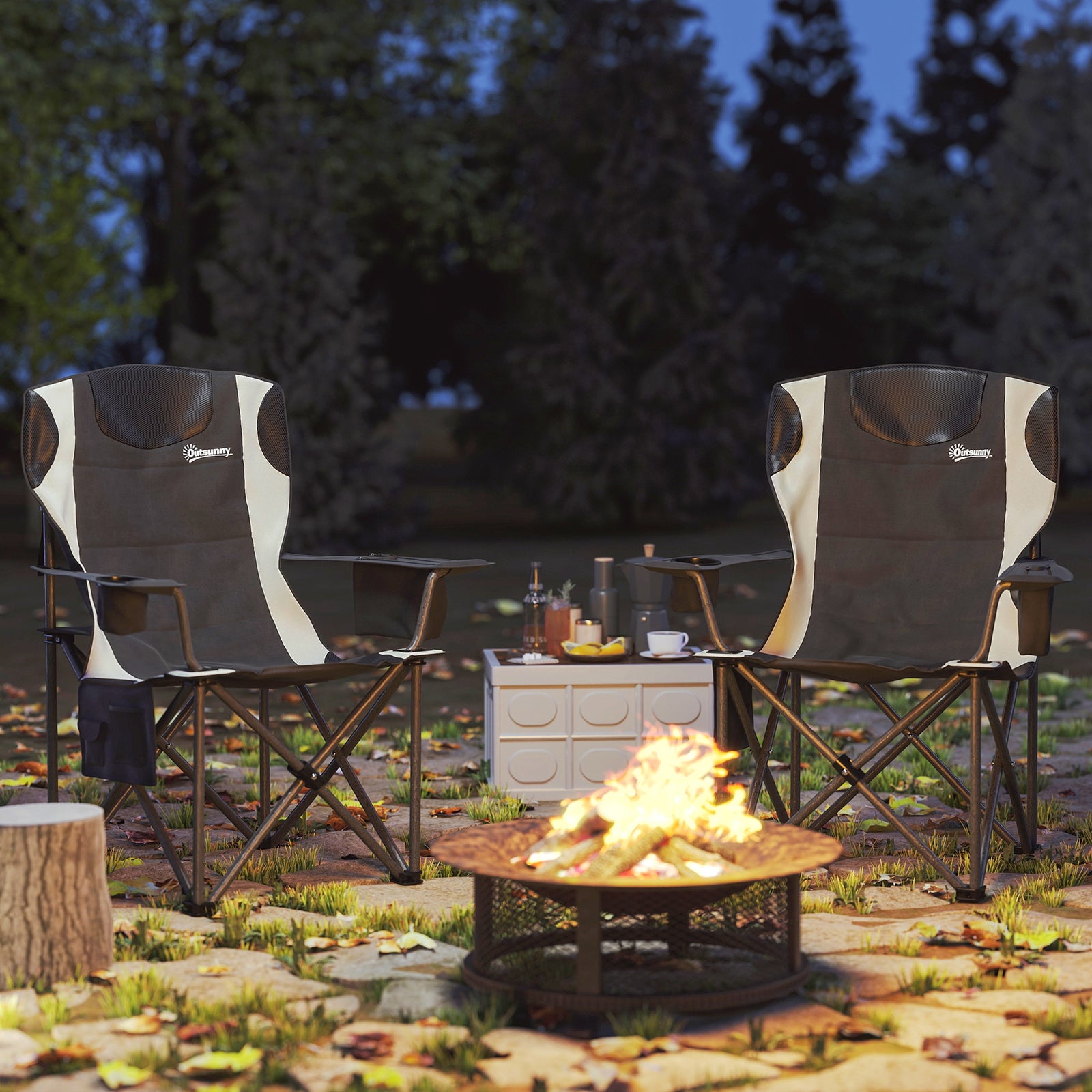 Set Of 2 Folding Camping Chairs With Cooler Bag | Black