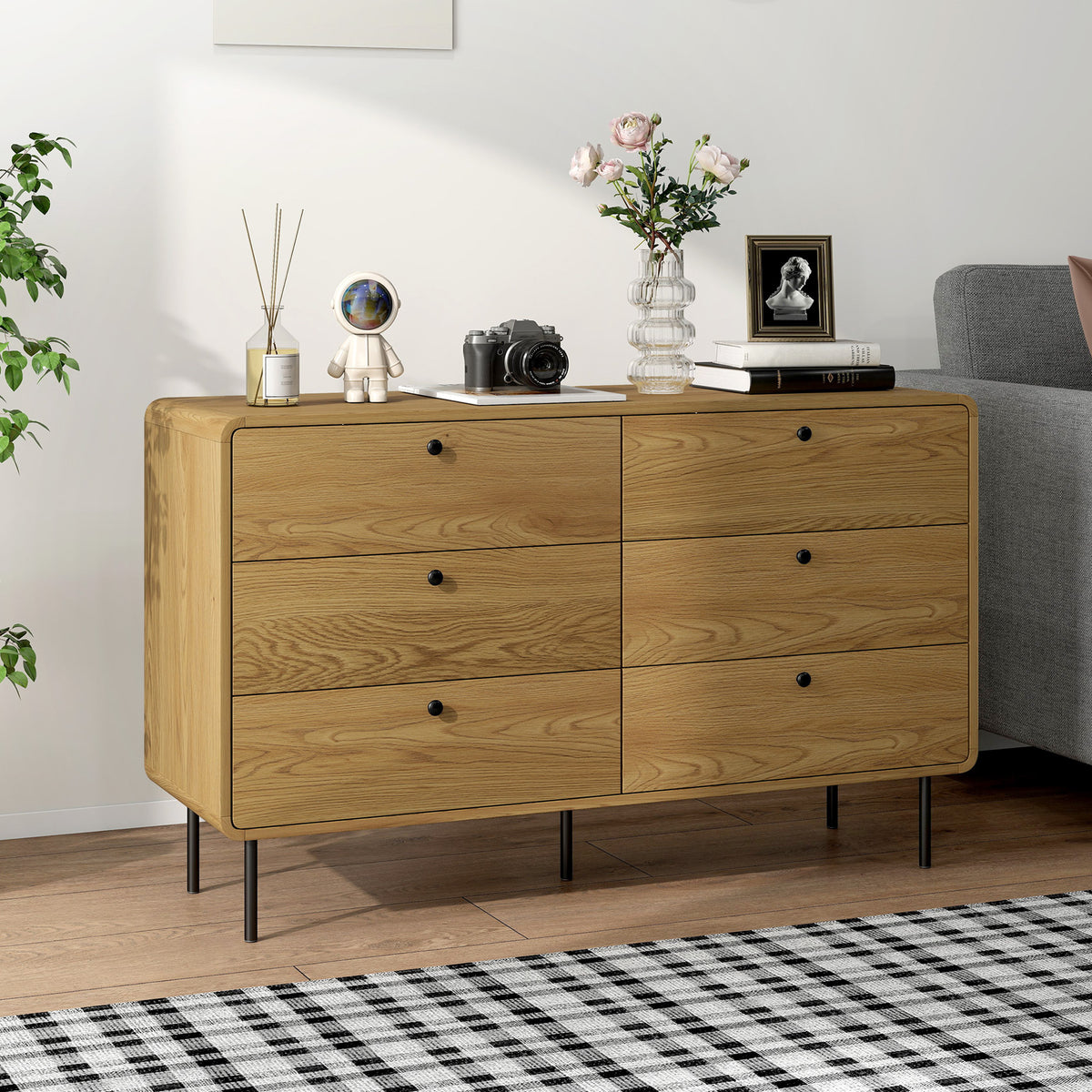 HOMCOM Chest Of Drawers For Bedroom, Modern 6 Drawer Dresser, Oak