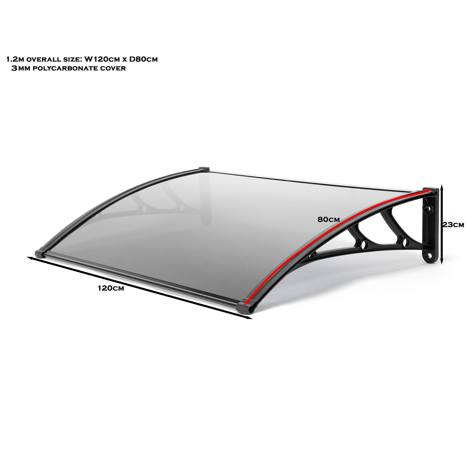 1.2m Grey Door Canopy Uv Stabilised Solid Polycarbonate Rain Shelter Black Brackets