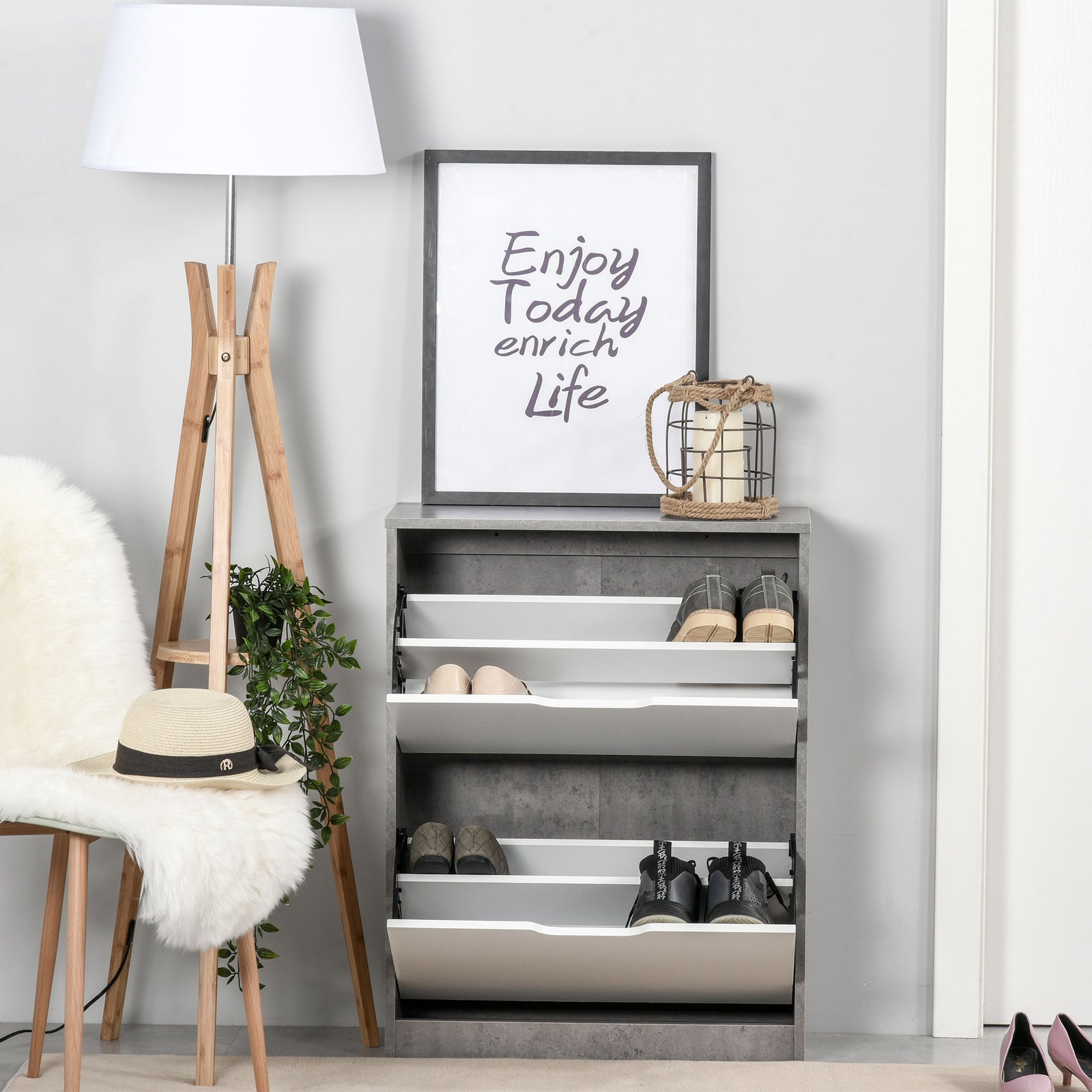 Two Drawer Shoe Cabinet Storage Organiser Groove Handles