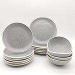 Reactive Grey Glaze Stoneware Dinnerware Set Nordic Pebble Plates & Bowls | Set of 18 | Grey
