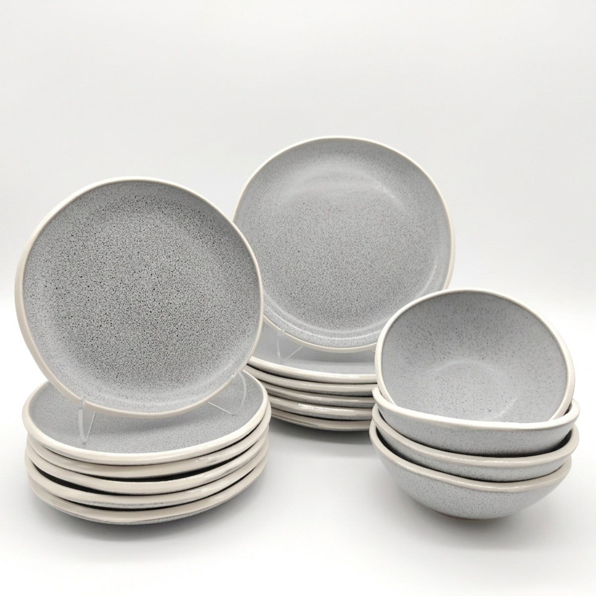 Reactive Grey Glaze Stoneware Dinnerware Set Nordic Pebble Plates & Bowls | Set of 18 | Grey
