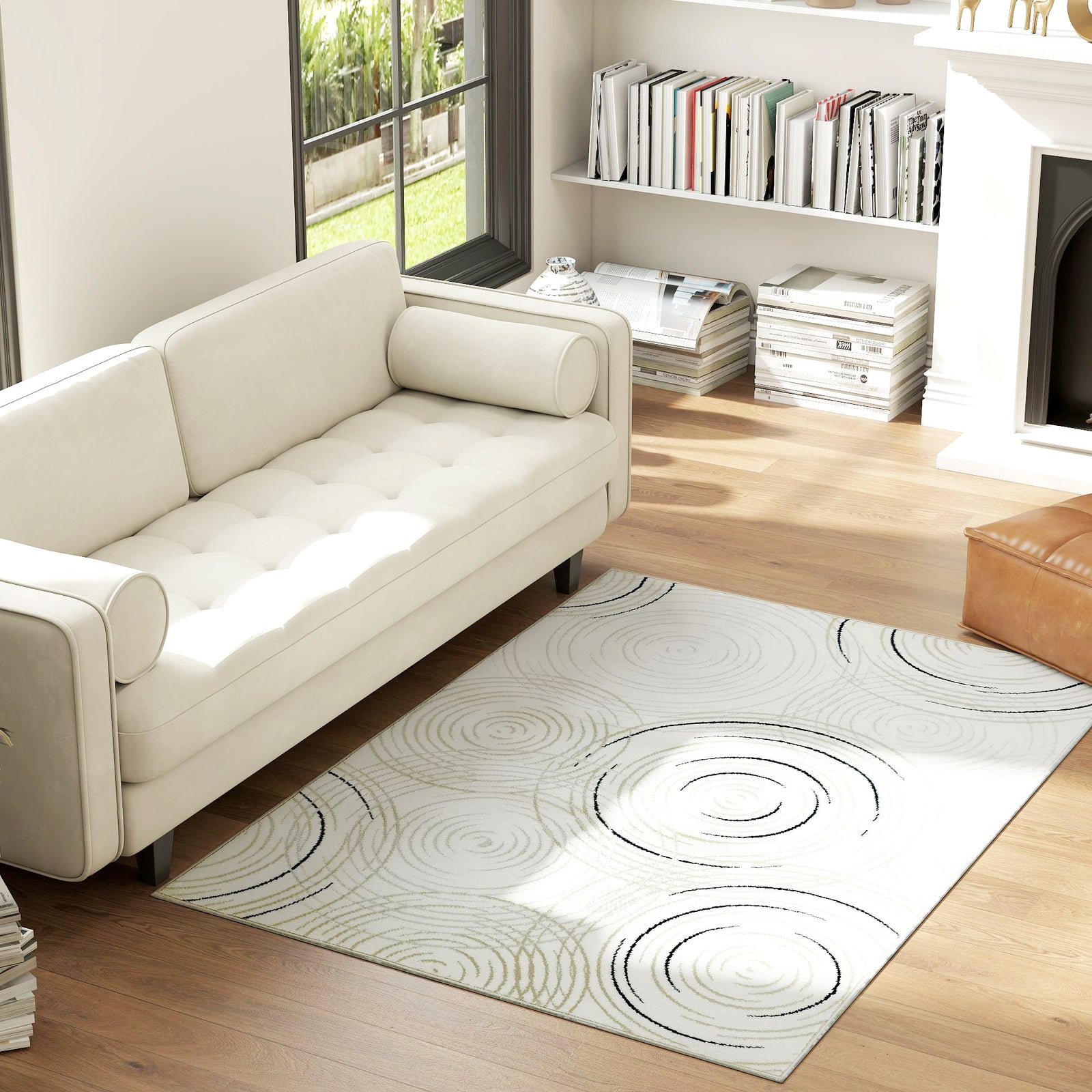 Swirl Pattern Washable Area Rug, Allergy-friendly Floor Carpet | M | Cream