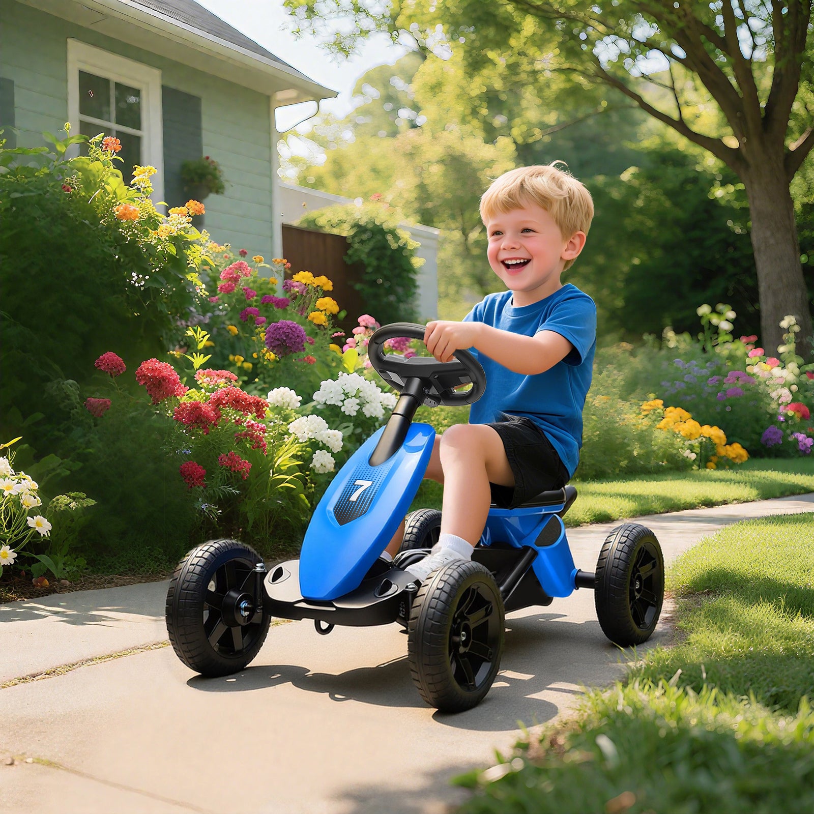 Pedal Go-kart For Kids With Silent Eva Wheels, Metal Frame | Blue