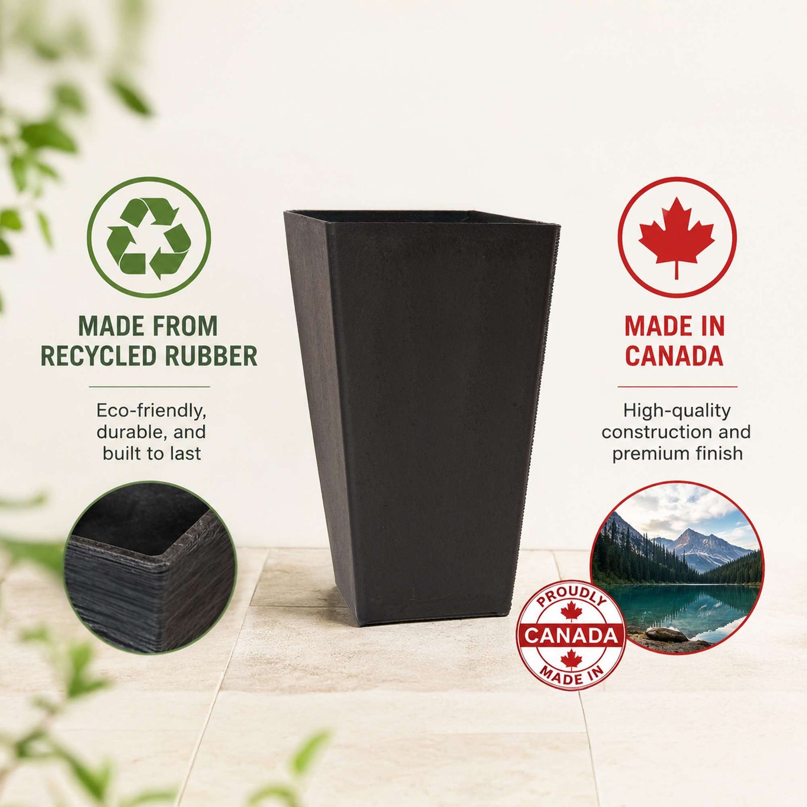 61cm Tall Black Rubber Planters - Indoor Outdoor Planter | Set-of-1