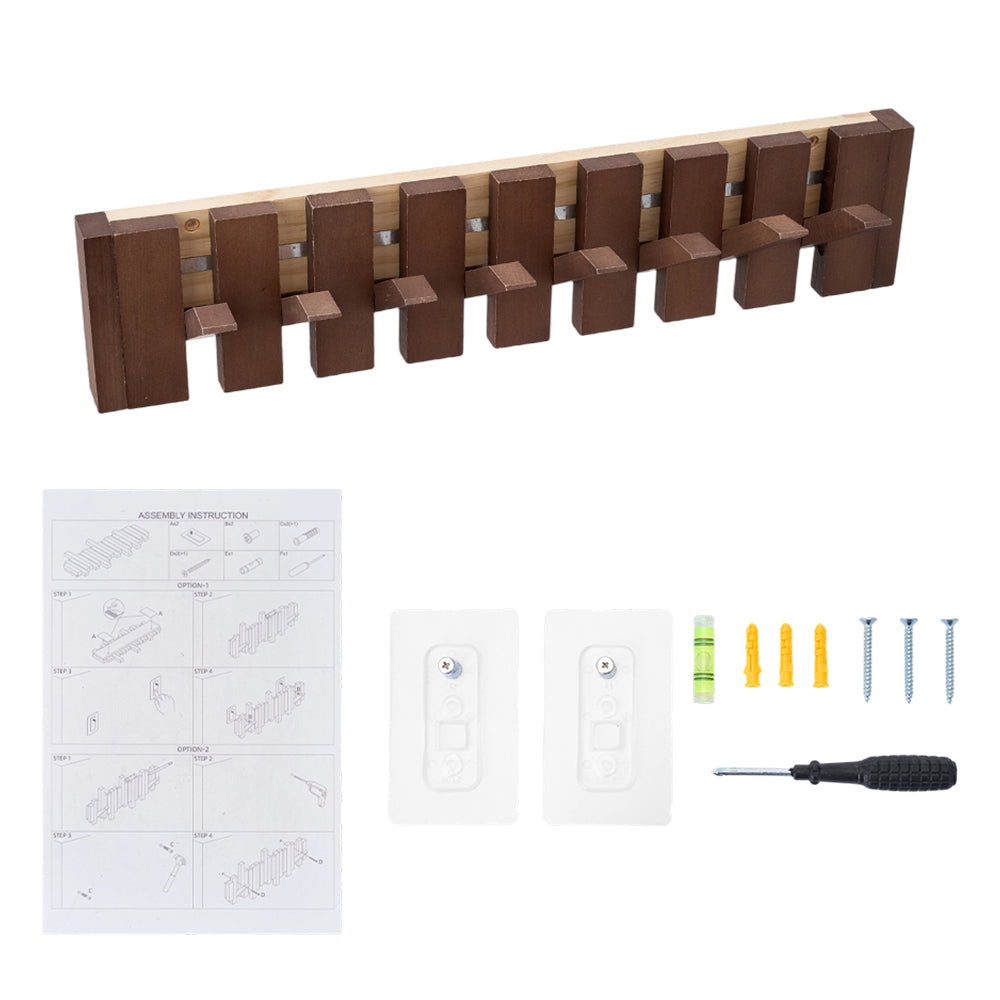 Wall-mounted Solid Wood Coat Rack With 6/8 Flip-down Hooks, Piano Key Design | Large | Walnut