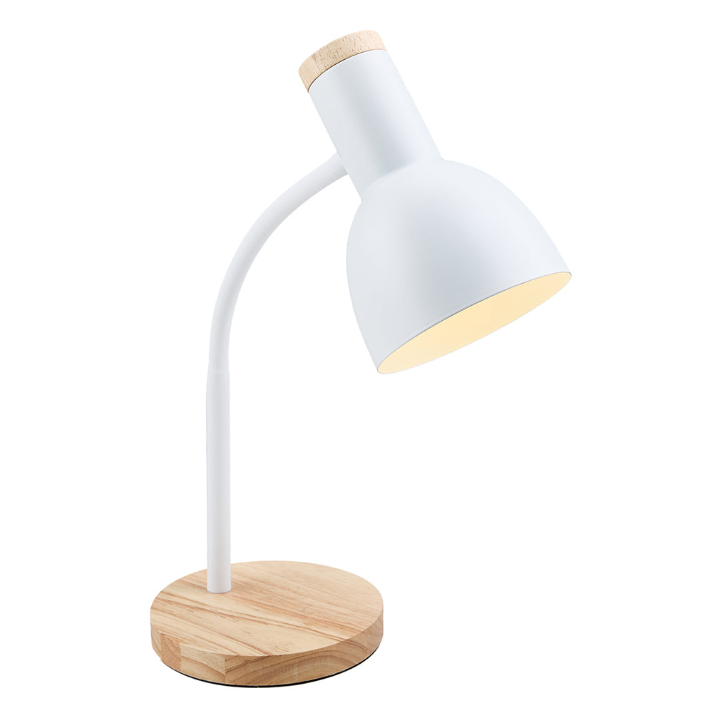 White Led Desk Lamp With Flexible Arm – Iron & Wood Base, Compact Minimalist Design