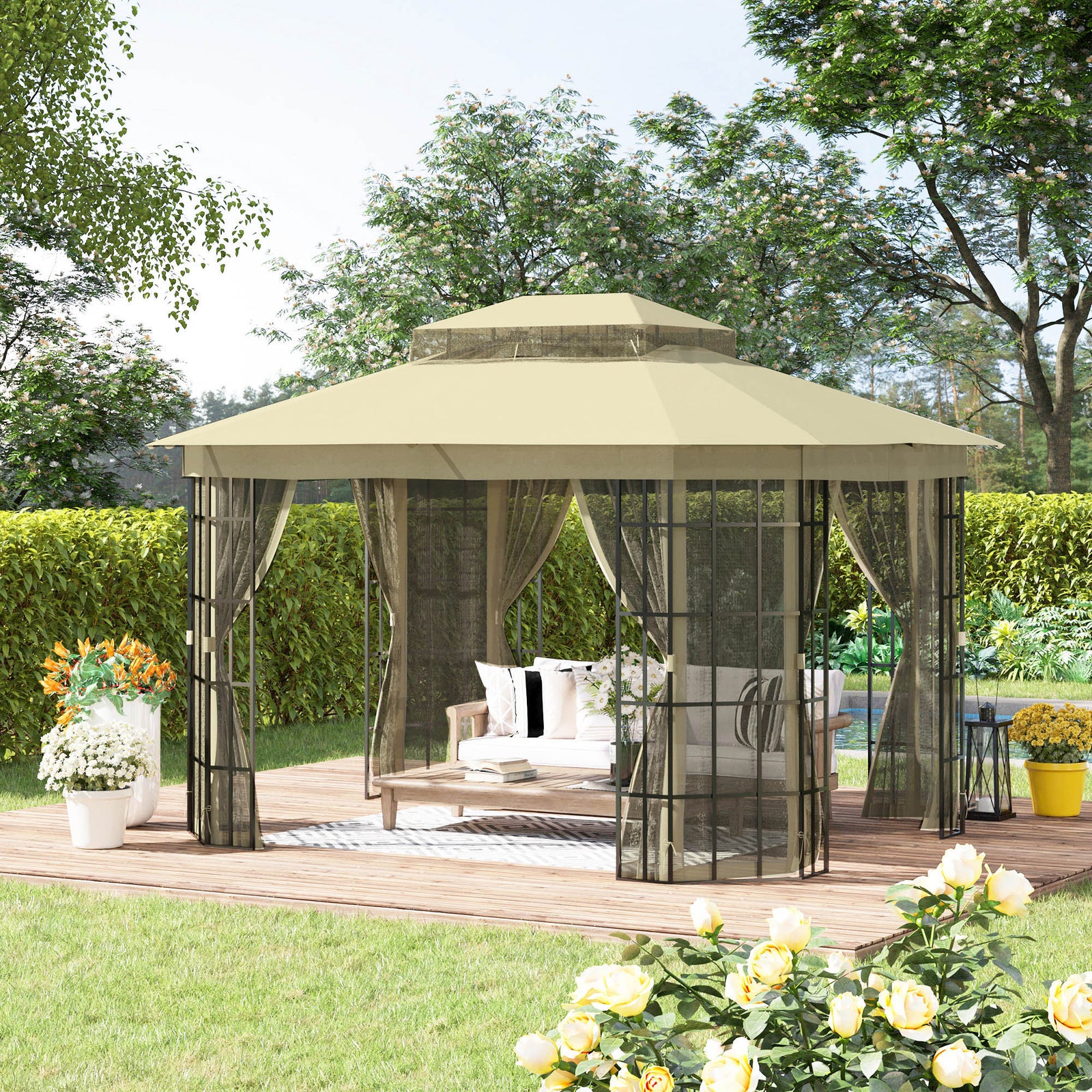 3.7x3m Patio Gazebo With 2-tier Roof And Mosquito Netting