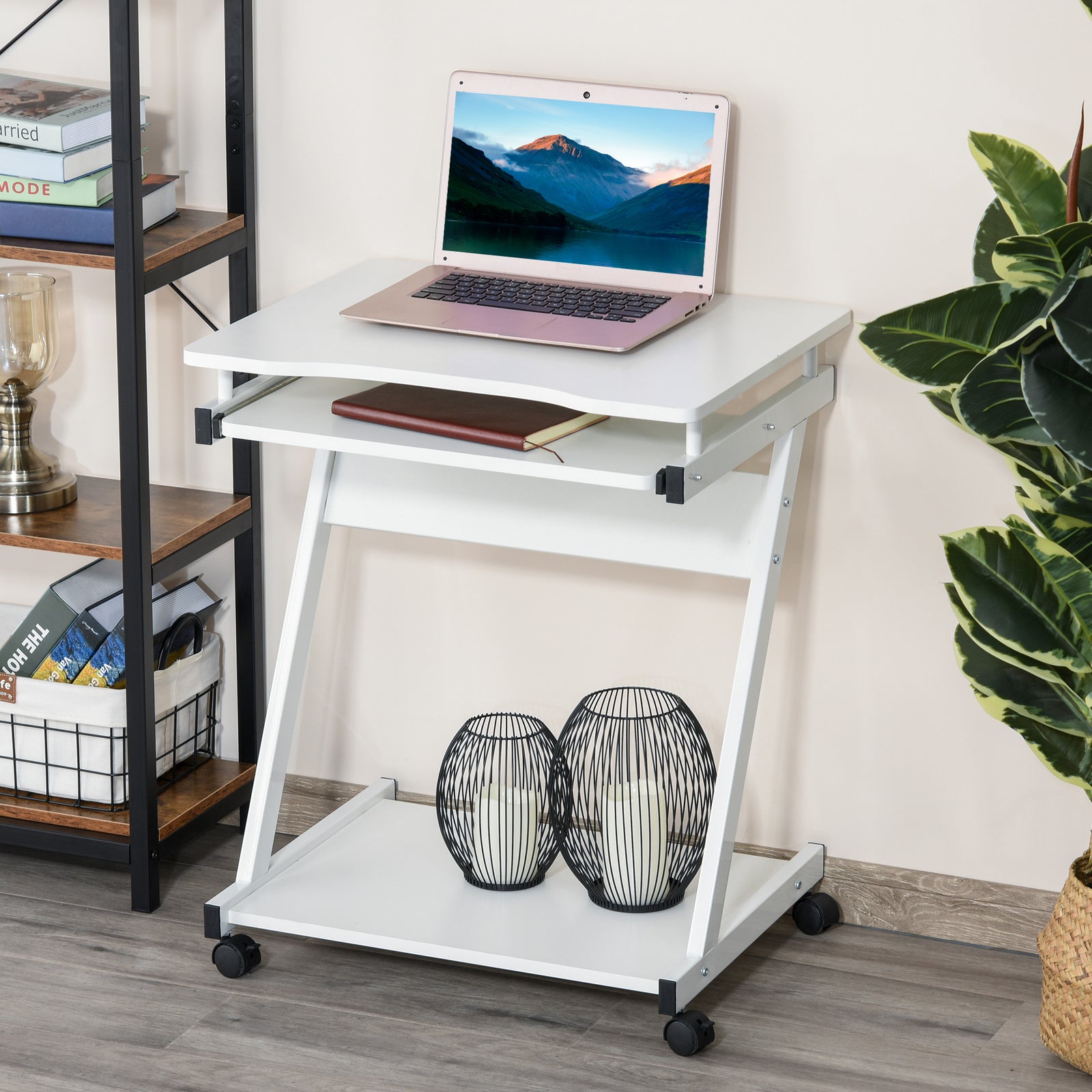 Movable Computer Desk, 4 Wheels, Tray | White