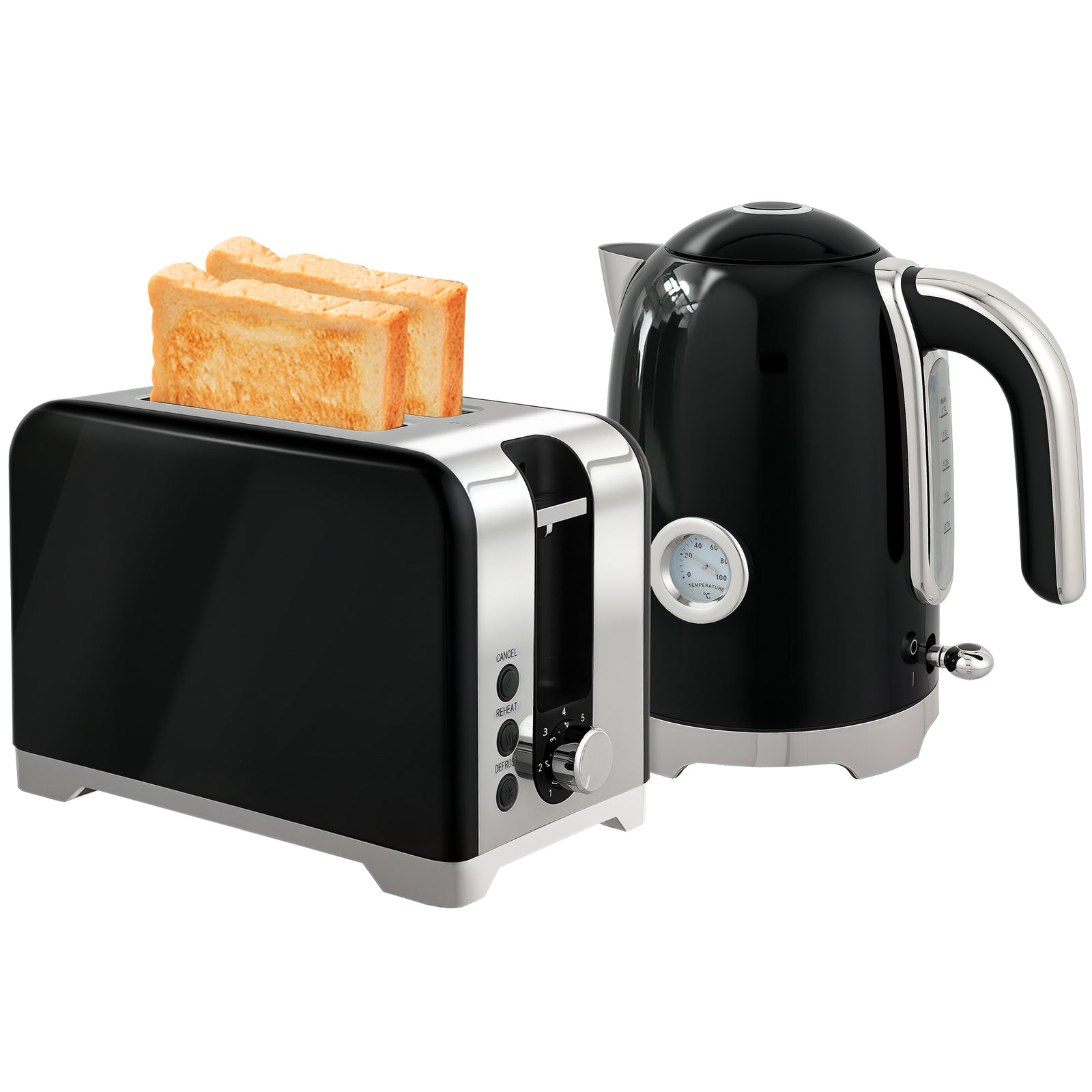 Kettle And Toaster Set With Temperature Gauge, Crumb Tray | Black