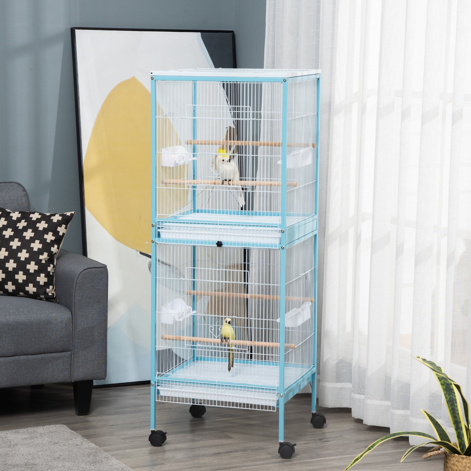 2 In 1 Large Bird Cage Aviary With Wheels, Slide-out Trays Wood Perches